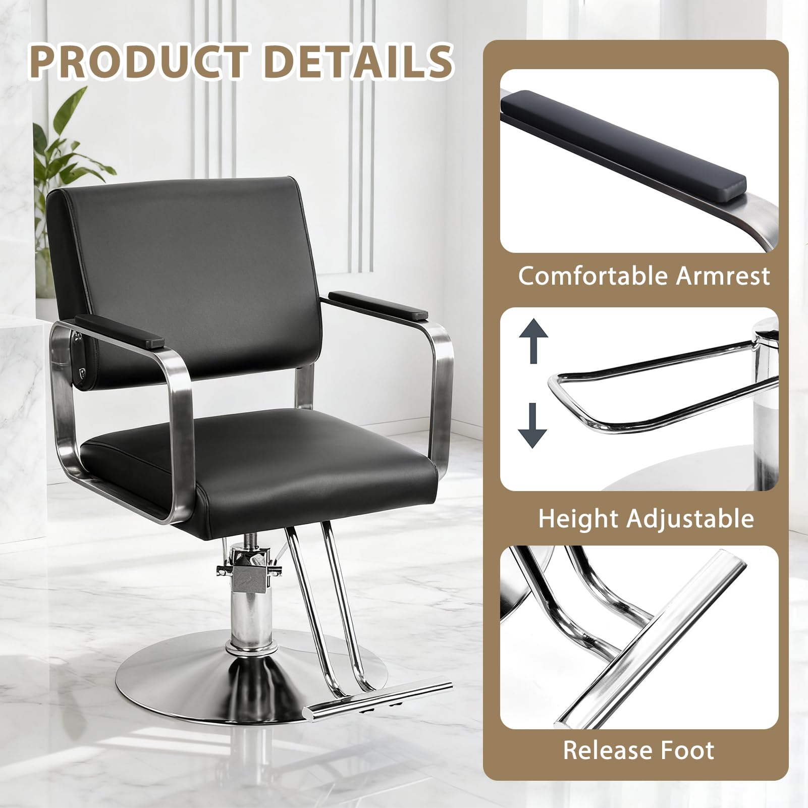 Hydraulischer Friseurstuhl für Barbershop & Salon – Höhenverstellbar & 360° Drehbar, PU-Leder-Oberfläche,Bedienungsstuhl belastbar bis 150kg, Ideal für Barbershop, Salon ﻿ (Schwarz)