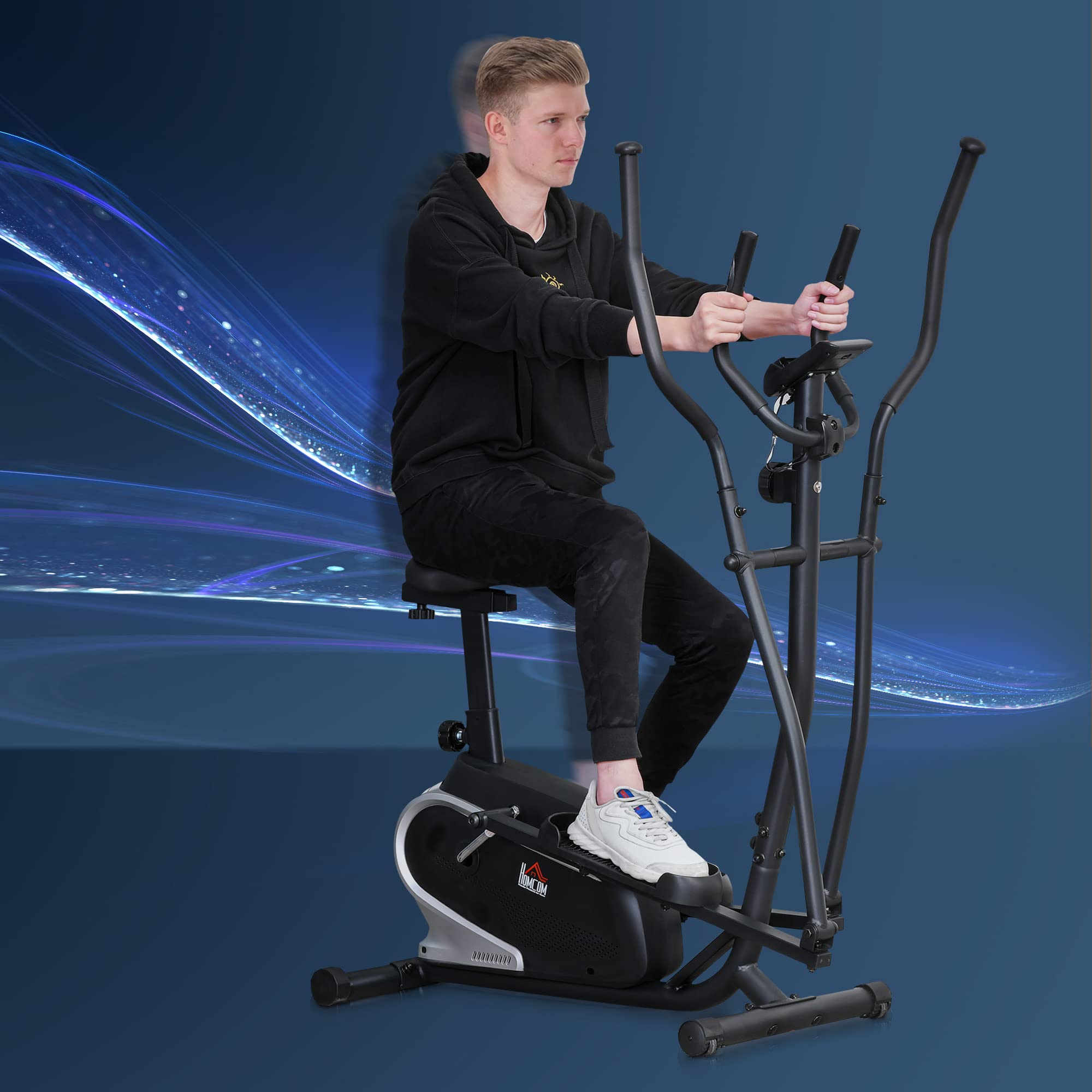 HOMCOM Bicicleta Elíptica Resistencia 8 Niveles LCD 103x62x151 cm Negro | Magnética Ajustable, Bicicleta de Fitness, Sillín Regulable, Pulsómetro, Soporte para Móvil, para Casa Gimnasia