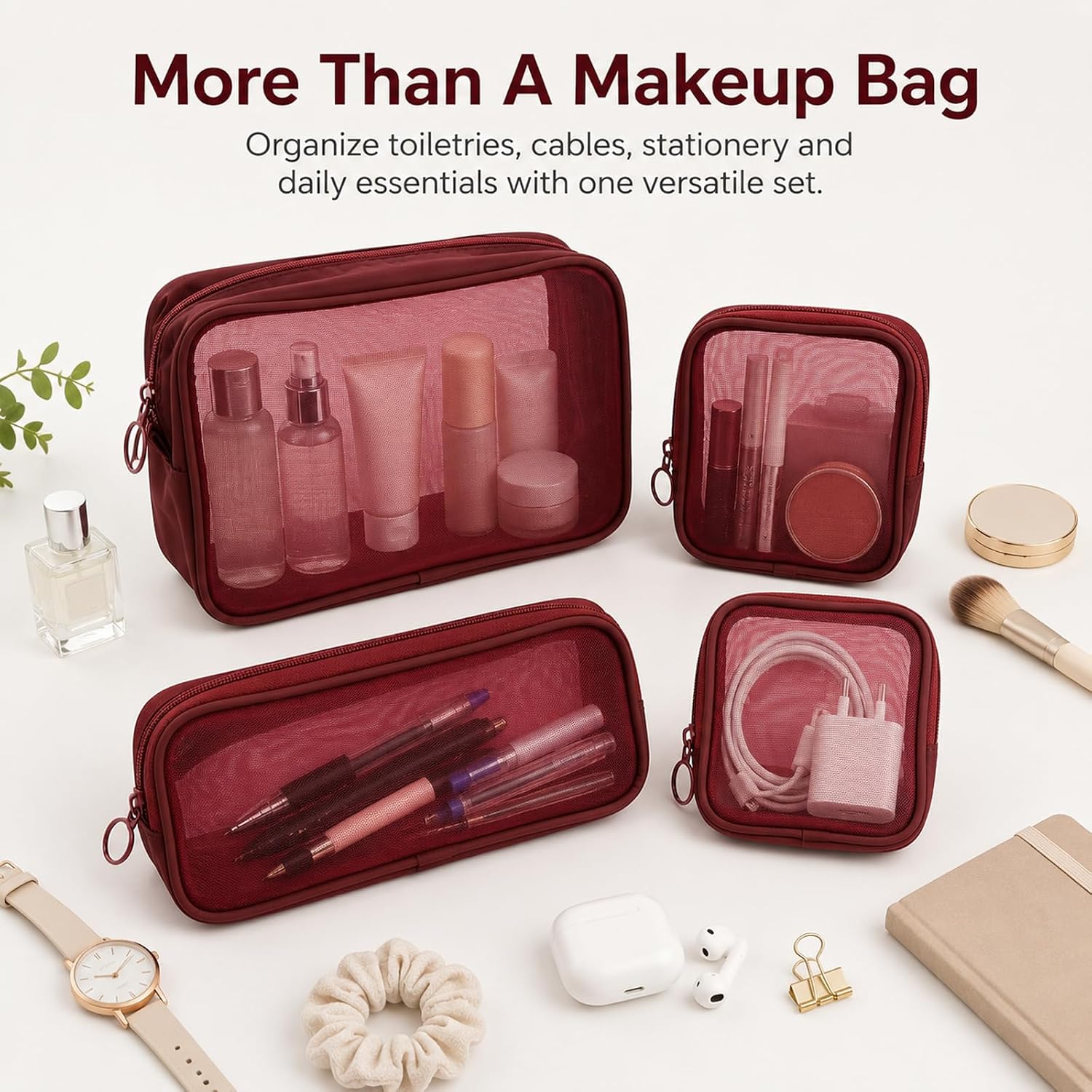 4 Pack Mesh Makeup Bag, Large/Medium/Small Zipper Pouches