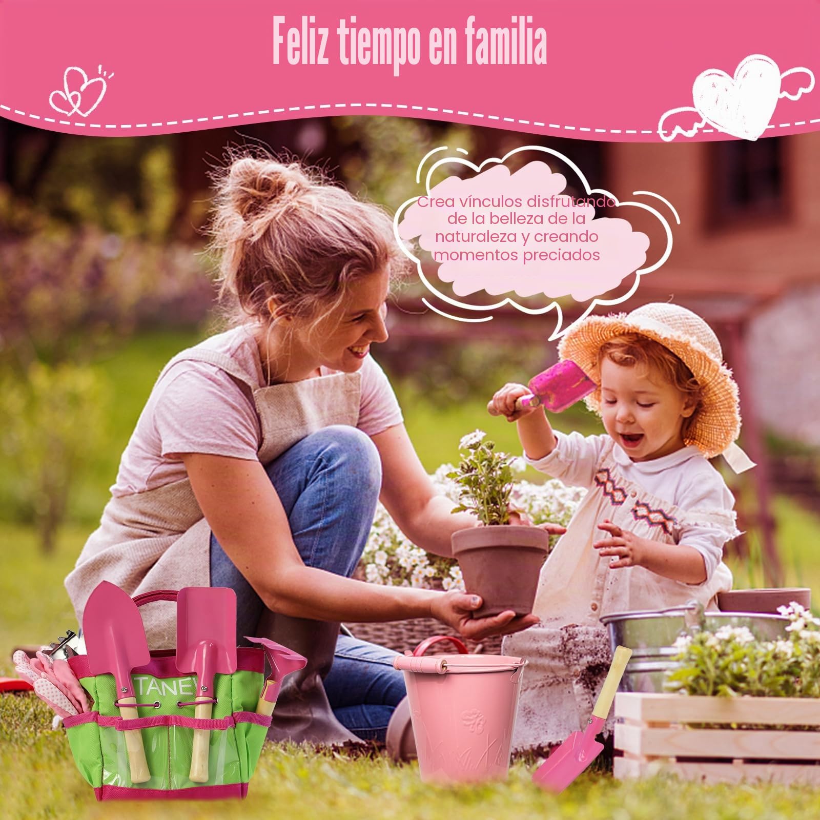 STANEW Herramientas de Jardín para niño, Kit de jardín, Regalo de jardinería, Incluye Cubos, Delantal, Guantes, Pala de Mano, Rastrillo