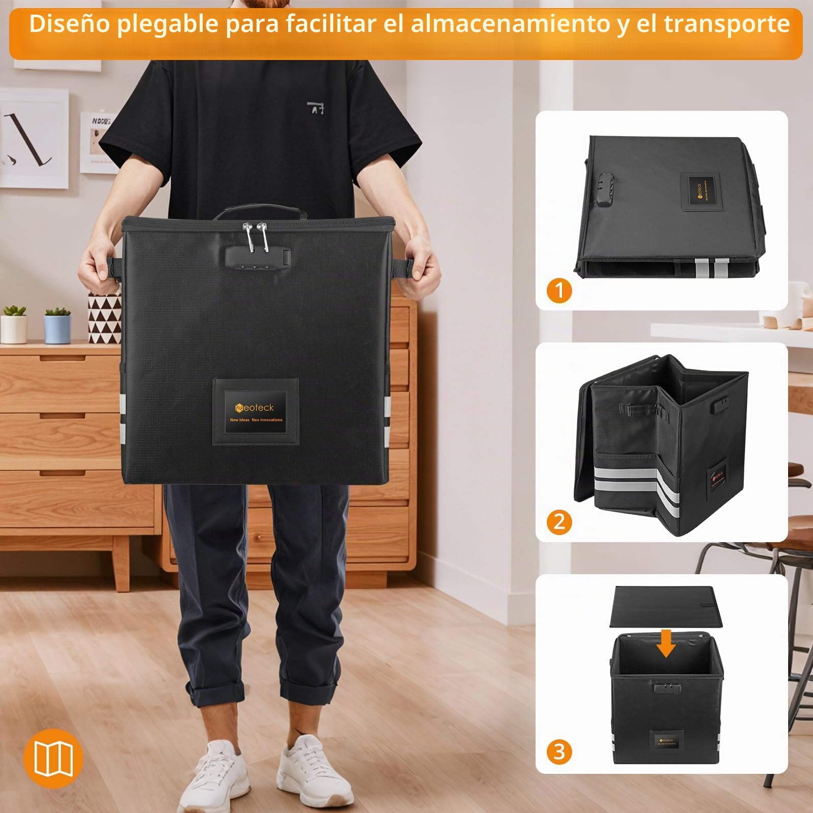 Neoteck Caja de Almacenamiento de Discos de Vinilo Ignífugo con Cerradura de Combinación, Bolsillo de Malla y Tiras Reflectantes para Djs y Entusiastas