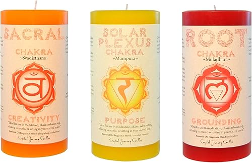 Crystal Journey Velas de chakra pilar, paquete de 3 (sacro, plexo solar, raíz)
