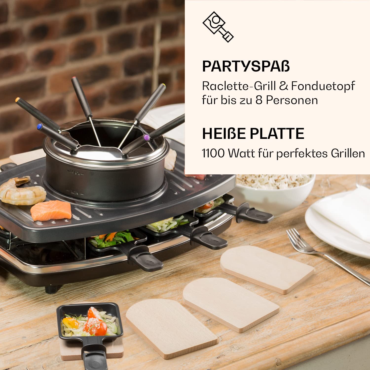 Klarstein 3-in-1 Raclette Fondue Kombi und Grill, 1100W - Set mit Steinplatte, Elektrischer Grill für 8 Personen mit 8 Pfännchen & Fonduegabeln, Raclette-Gerät