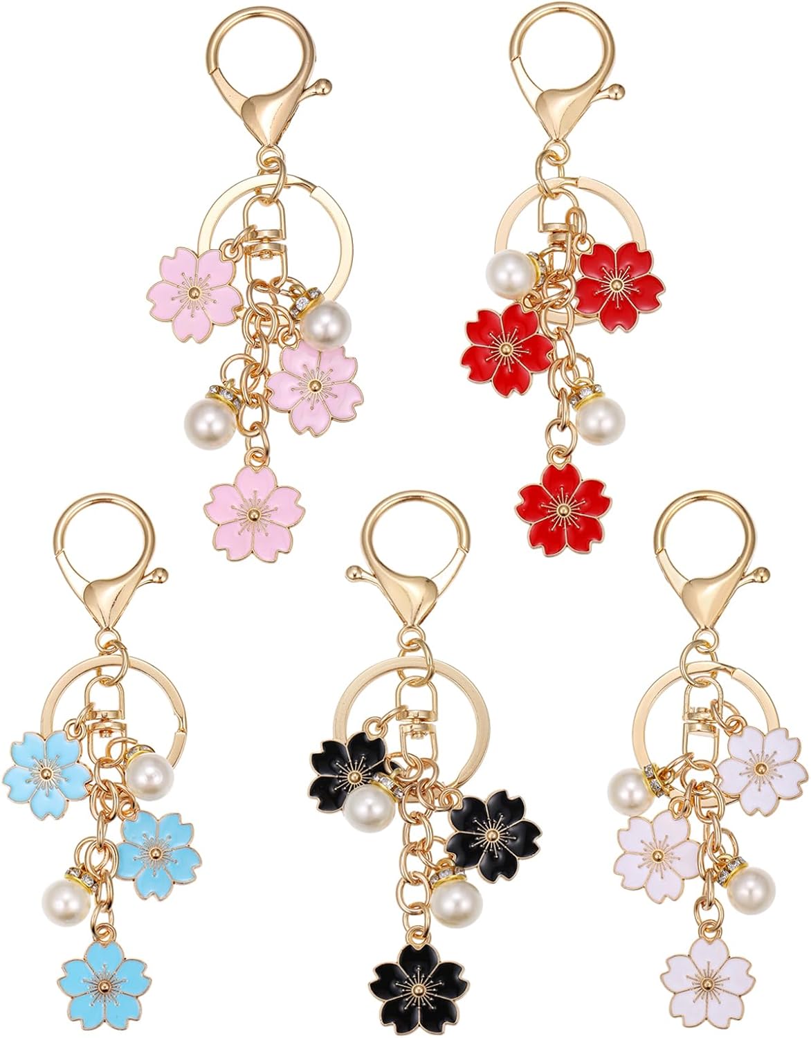 Lcbulu 5PCS Pink/White/Black/Blue/Red Flower Key Chains for Women Cute Pearl Bag Charms Enamel Keyring for Handbag Backpack Decor Gifts Accessories