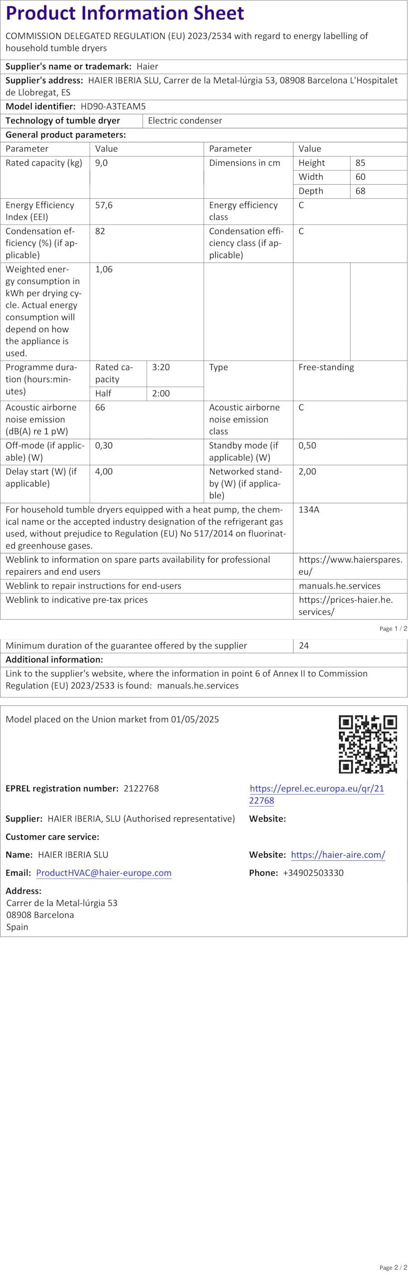 Haier Wärmepumpentrockner 9kg I-PRO Serie 5 HD90-A3TEAM5 | Smart Home: Wi-Fi & hOn App, Inverter-Motor, 3 Trockenstufen wählbar, Edelstahltrommel, I-Refresh Dampfprogramm