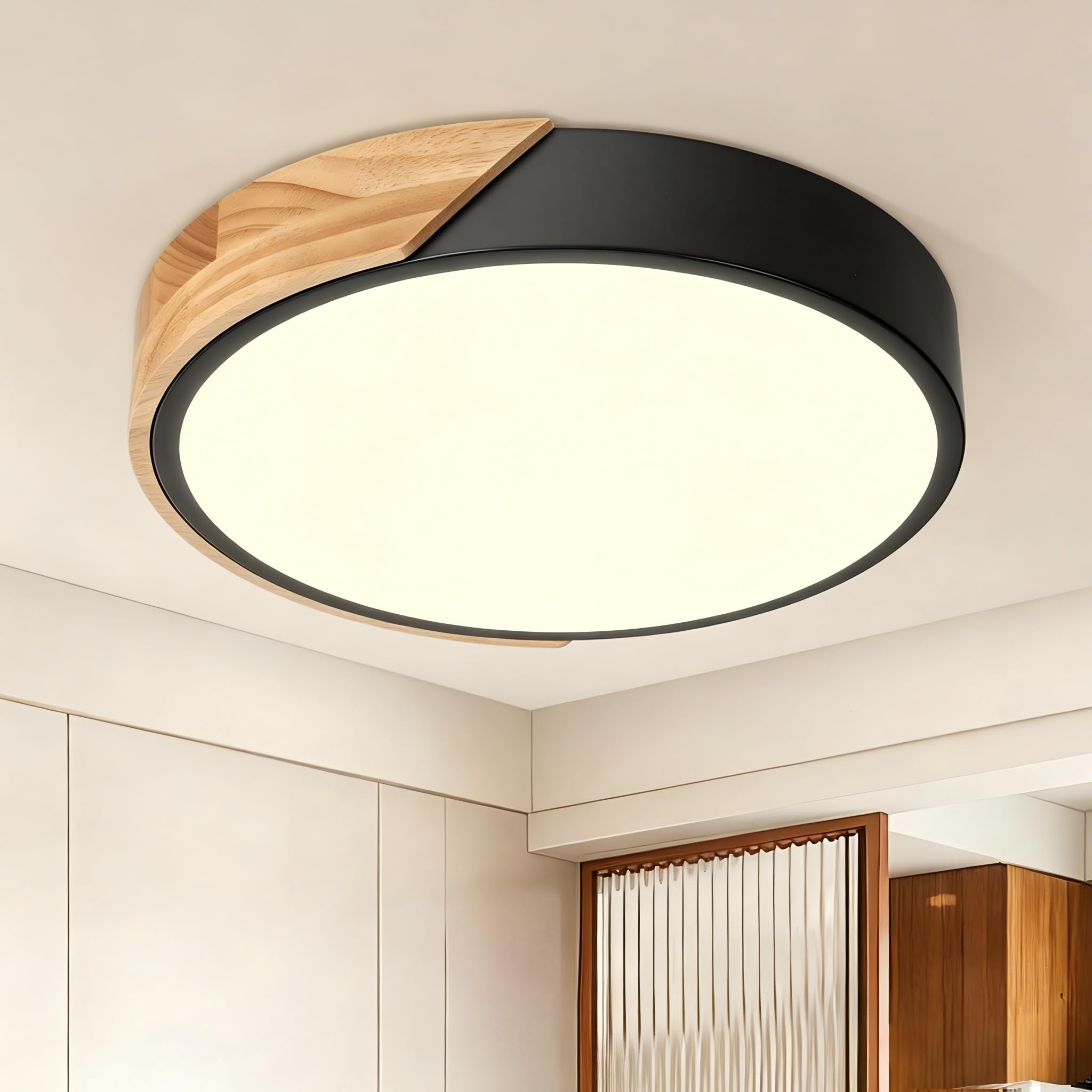 Kambo LED Deckenleuchte 24W ∅30cm, Moderne Deckenlampe Schwarz mit Holzoptik 3000K, für Wohnzimmer, Schlafzimmer, Küche, Flur, Balkon