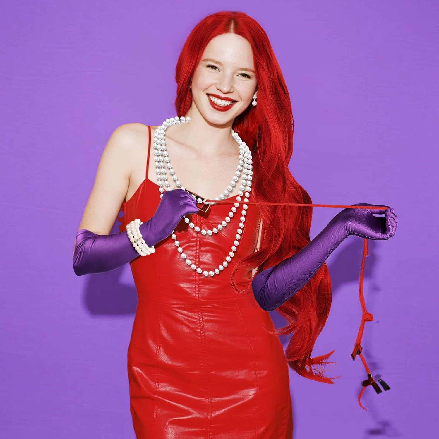 6 Pcs Halloween Costume Accessories Include Red Wig Necklace Bracelet Earrings Gloves Plastic Holder for Christmas Cosplay