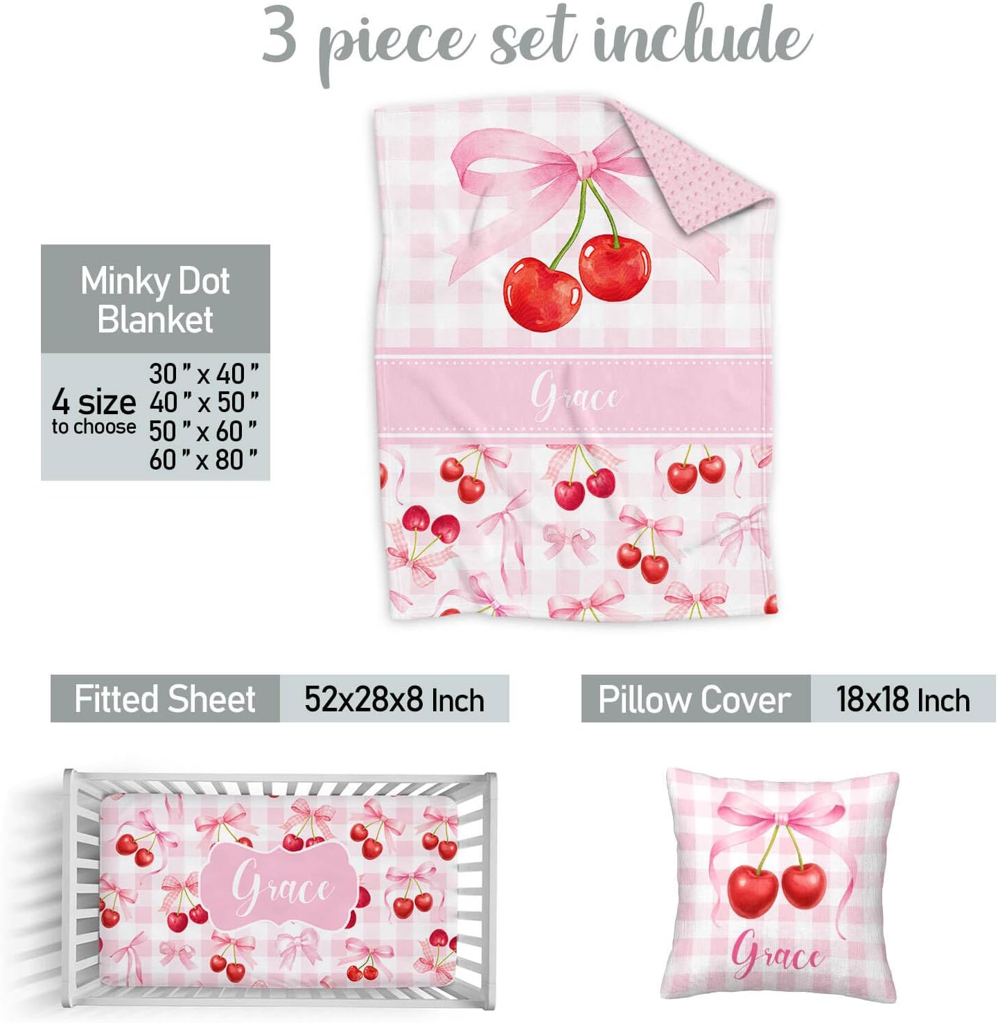 Personalized Pink Bow and Cherry Crib Bedding Set for Girls – Custom Baby Name 3 Pcs Nursery Set with Mink Blanket, Fitted Sheet & Pillowcase, Toddler Infant Baby Bedding