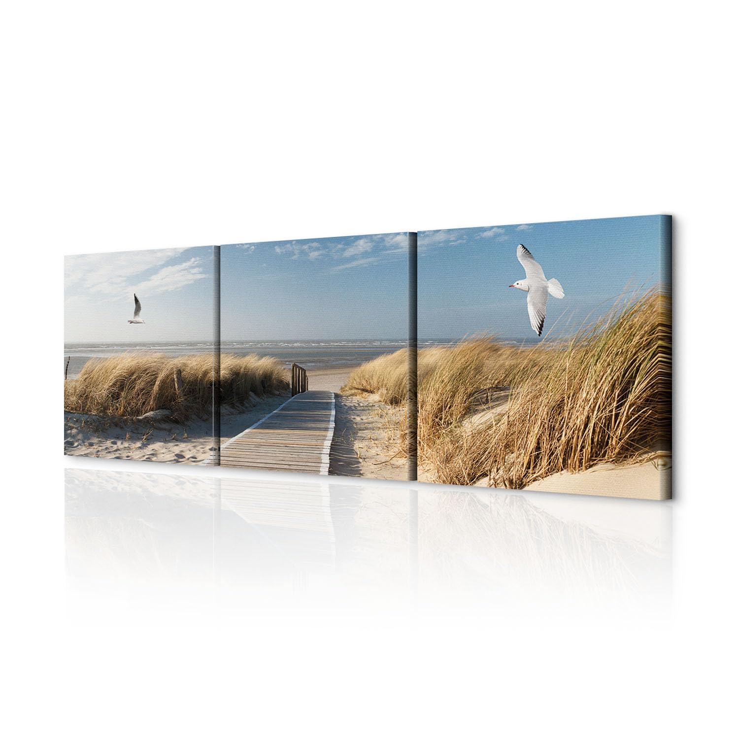 decomonkey Cuadro Lienzo Set Playa Mar Arena Gaviotas 60x20 cm 3 piezas | Impresión sobre material tejido no tejido, decoración de cuadro de pared, gráfica fotográfica, para salón