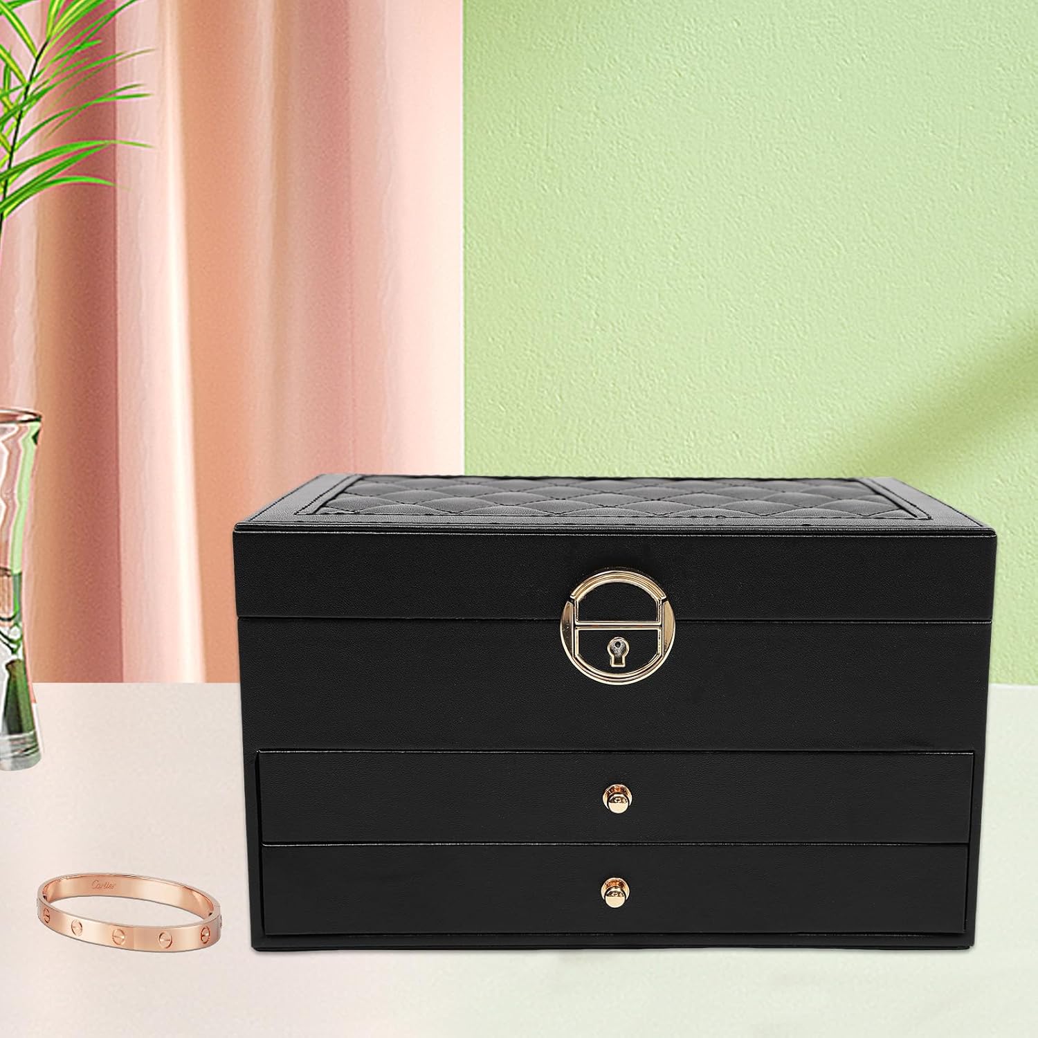 Vintage Jewelry Box Fit Women, Necklace Organizer Box, Wooden Display Case For Storage Jewellery (3-Tier，Black)