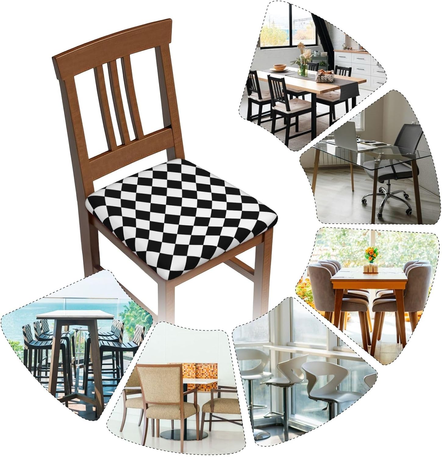Set of 6 Removable Chair Seat Covers for Dining Room, Black White Racing Stretchable Office Kitchen Chair Slipcovers Cushion Protector Checkerboard Furniture Decor, 16.9x16.9 Inches