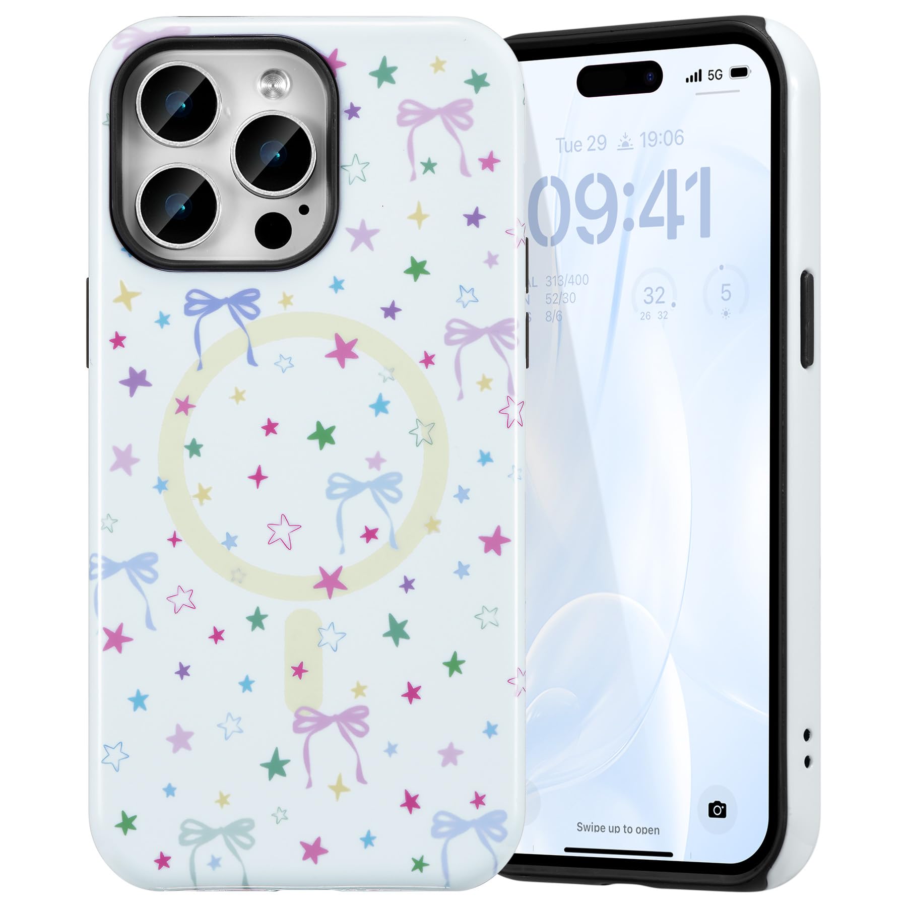ZCDAYE for iPhone 14 Pro Max Case,Compatible with Magsafe,Cute Trendy Magnetic Stylish Girly Aesthetic Pattern Case for Girls Women-White/Star&Bowknot