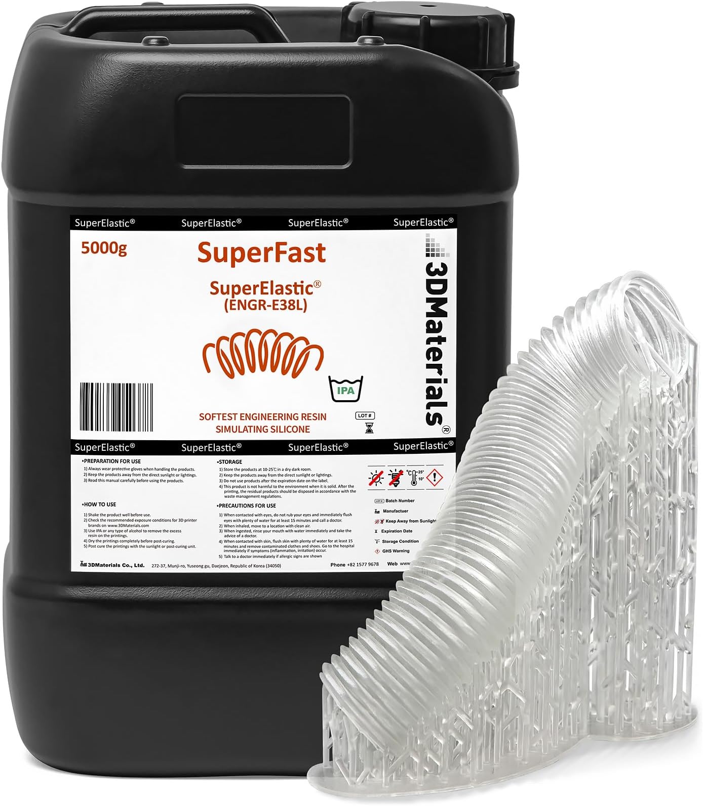 SuperElastic 3D Printer Resin, Softness 60A Simulating Soft Silicone, Made in Korea by 3DMaterials (5000g, Clear)