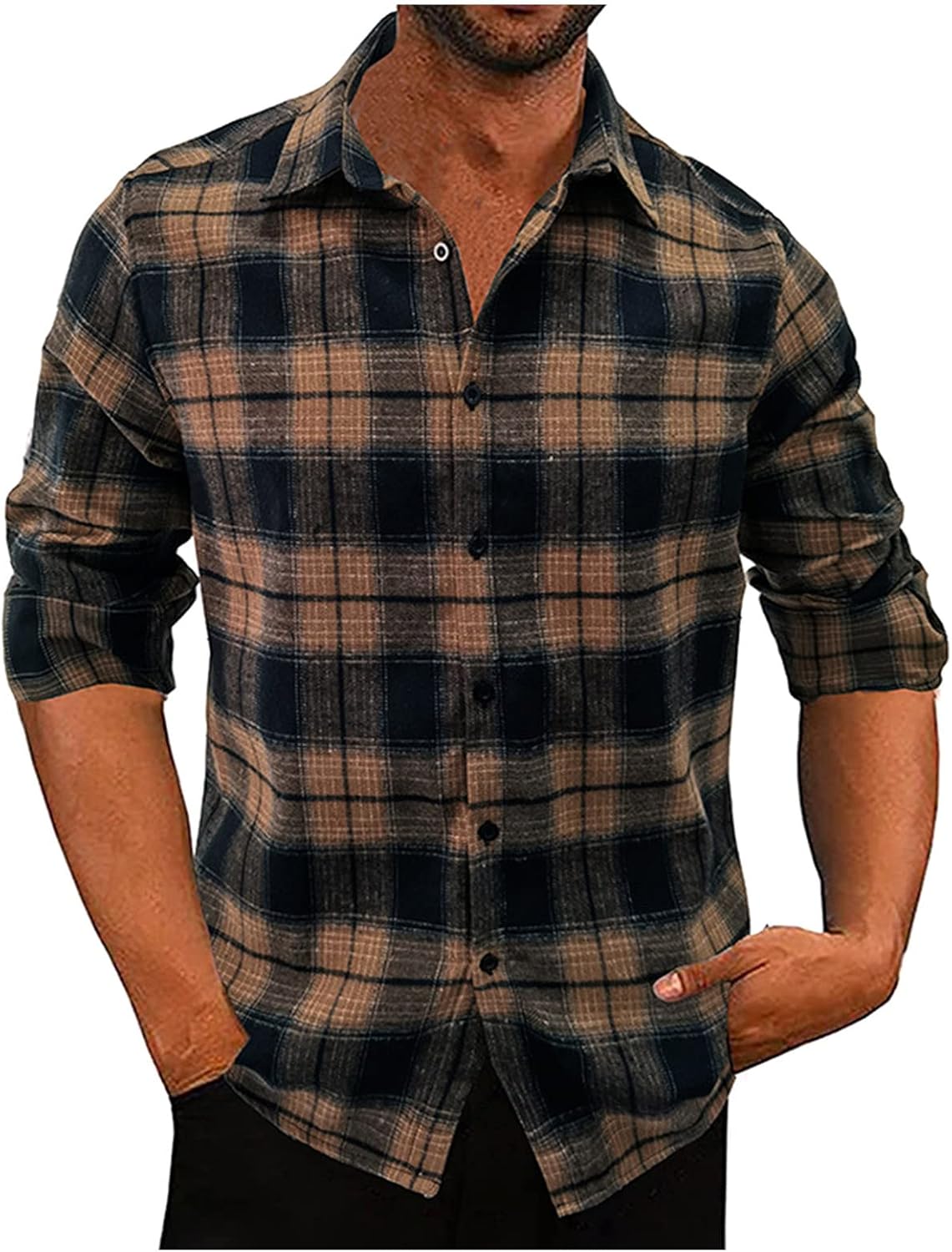 Ymosrh Men's Button Down Long Sleeve Shirts Casual Flannel Plaid Slim Fit Spread Collar Lightweight Tops Shirts, M-3XL