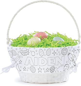 Space Theme DIY Personalized Easter Egg Basket with Handle and Custom Name | Color It Yourself Easter Basket Liners | White Basket | Woven Easter Baskets for Kids | Customized Easter Basket