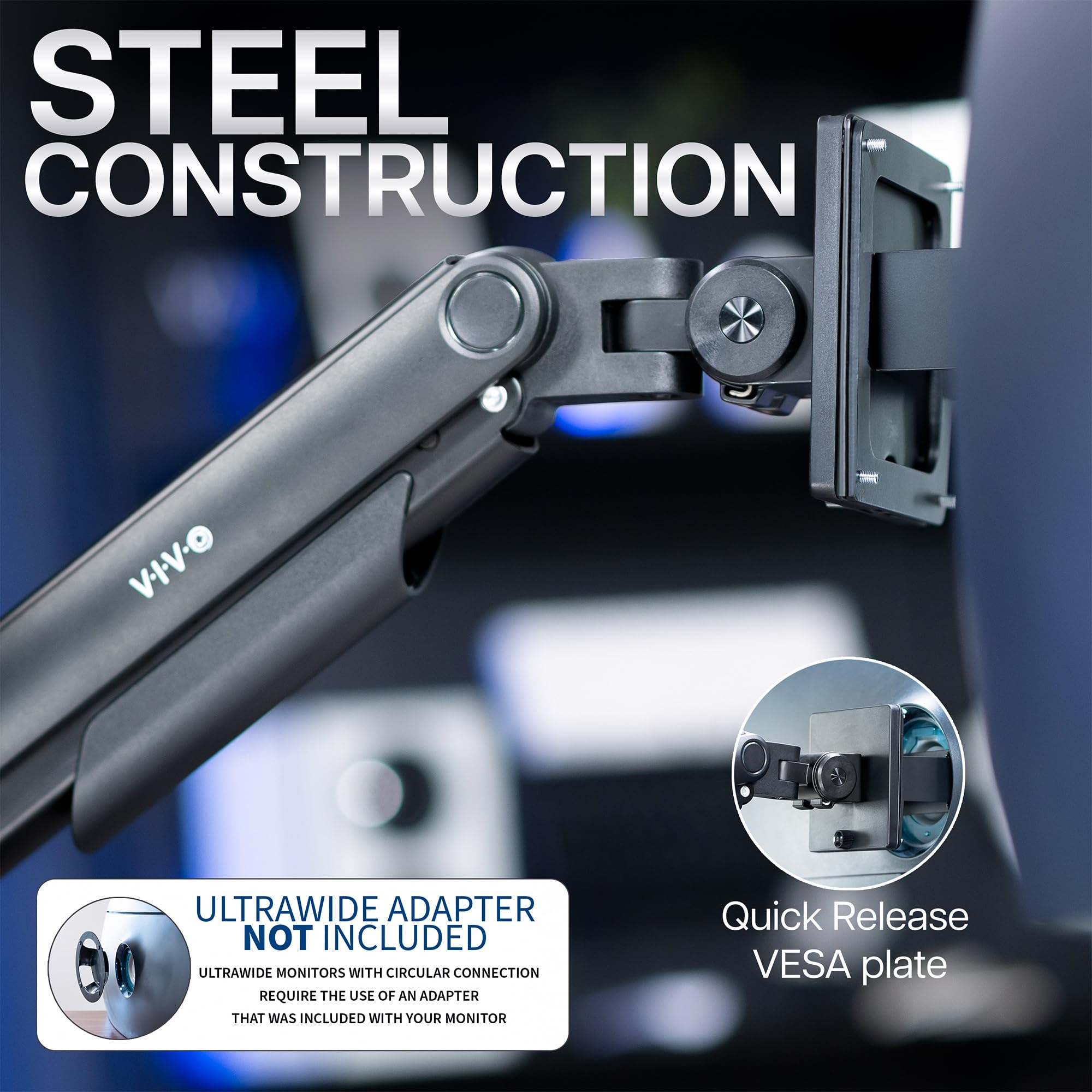 VIVO Robuster Aluminium-Spannarm für Monitore bis zu 124,5 cm (49 Zoll), hält 20 kg, Premium-Schreibtischhalterung für Samsung Odyssey G9 und mehr, schwarz, STAND-V101V
