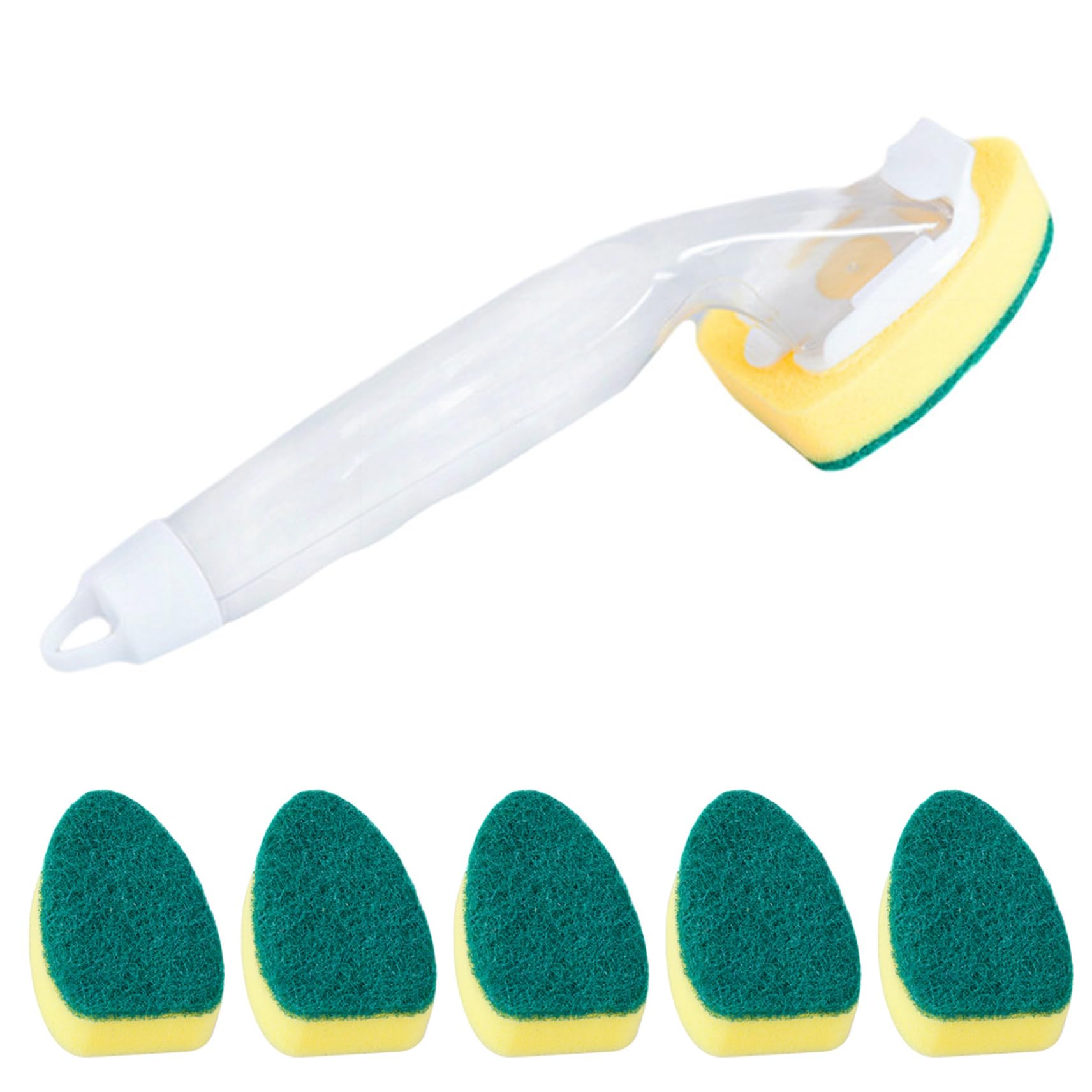 Ameble Automatic Dispensing Dish Soap Wand Refillable Handle Dish Sponge Wand with 6 Sponge Heads for Easy Dishwashing
