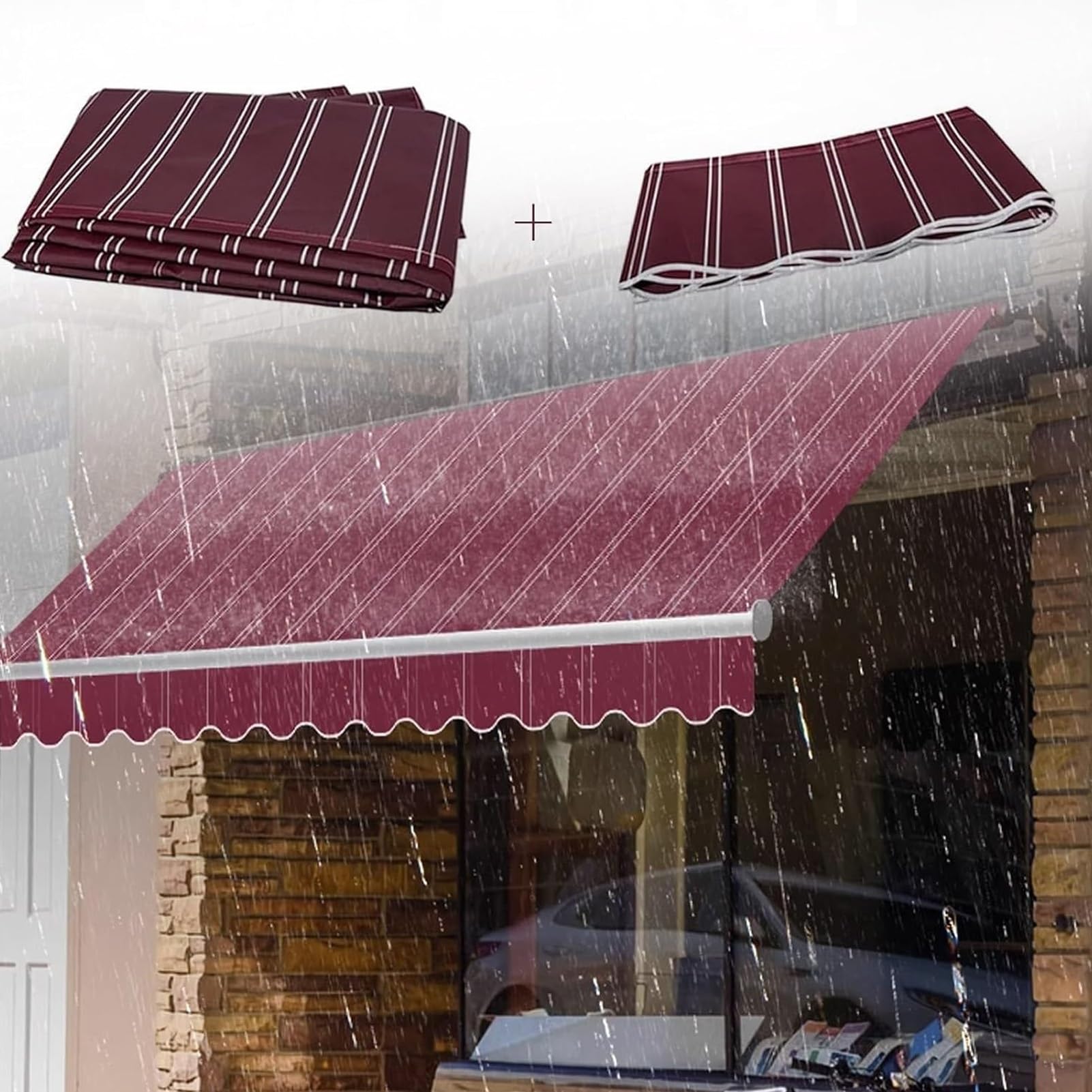 Telo di Ricambio per Tende da Sole, Tela Parasole in Poliestere Impermeabile e Protezione Solare a Strisce Rosse per Terrazza, Balcone, Cortile, Negozio(285x200cm)