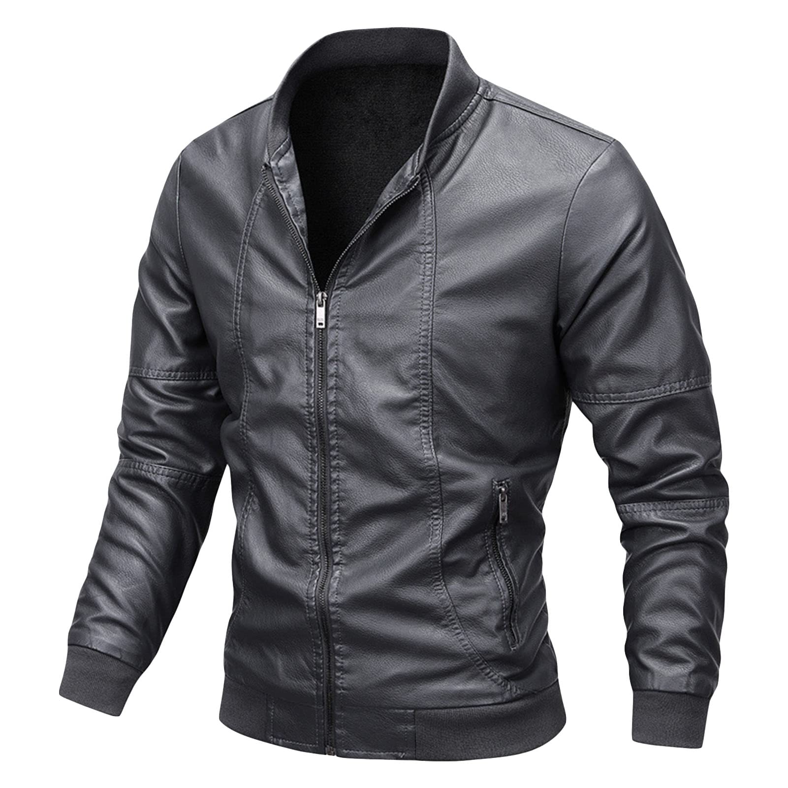 Maiyifu-GJ Men Stand Collar Leather Jacket Lightweight Faux Leather Motorcycle Jackets Casual Slim Zip Up Bomber Biker Coat (Grey,4X-Large)