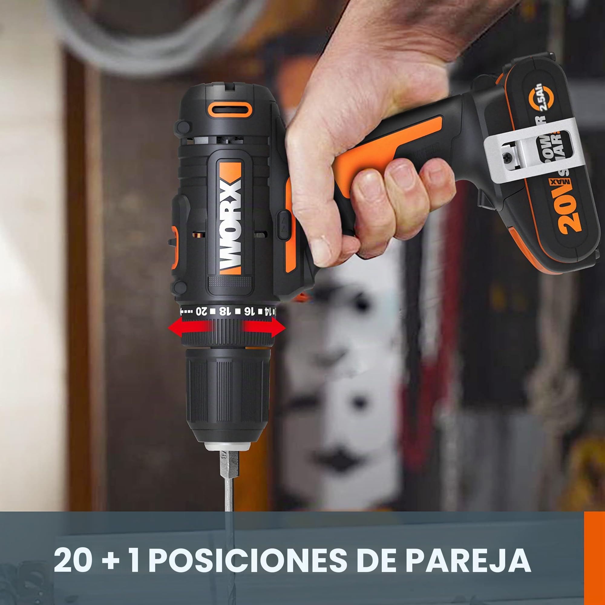 WORX WX108 Taladro Atornillador 20V 2Bat 45Nm | Taladro atornillador 20V PowerShare, 45Nm, portabrocas 13mm. 2 baterías 2Ah + cargador + maletín incluidos.
