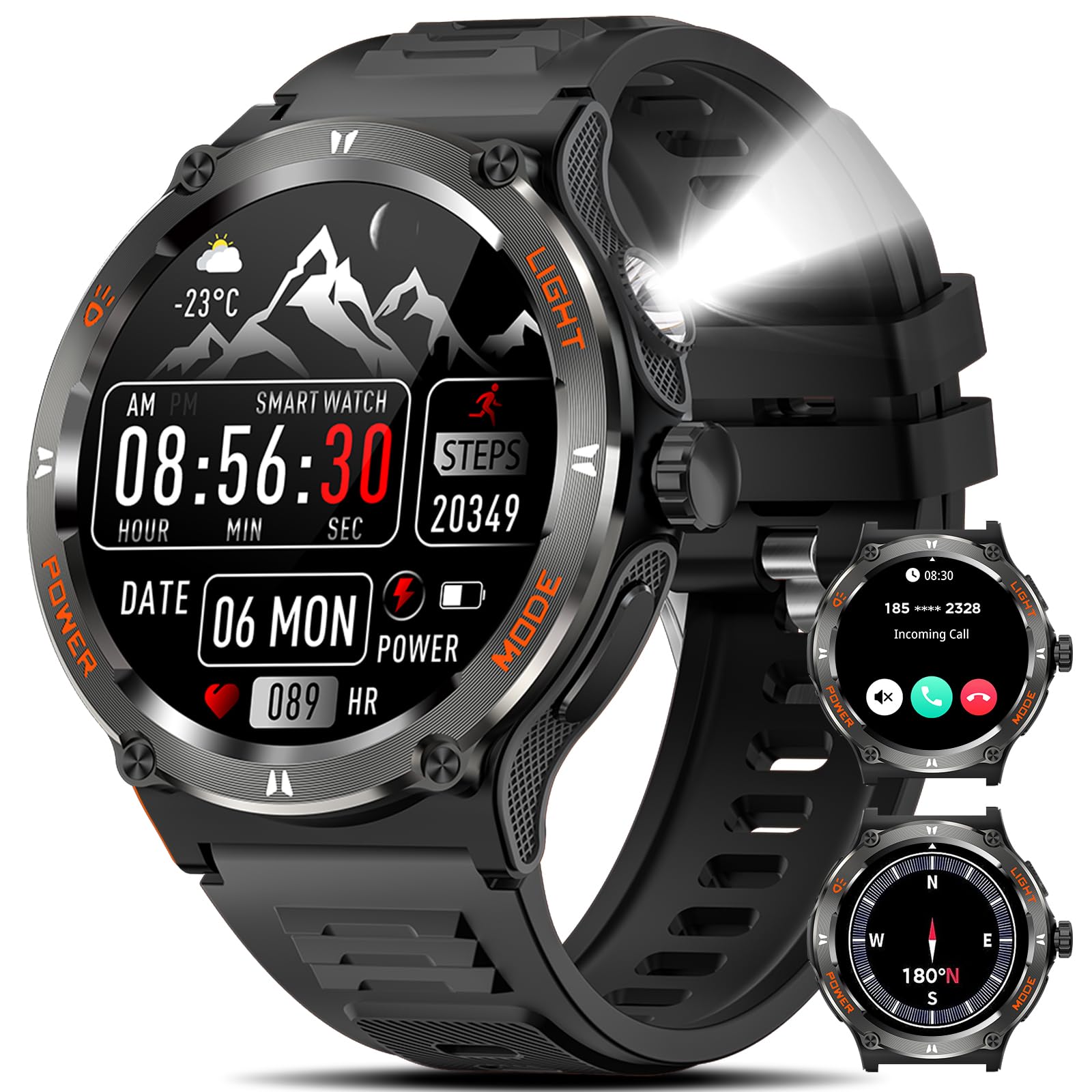 Smartwatch Hombre Militar, 1.53" Reloj Inteligente con Linterna (3 Modos de Luz Fuerte LED), Brújula, Llamadas Bluetooth, 24/7 Pulsómetro SpO2, 500mAh 3ATM Impermeable Pulsera Actividad