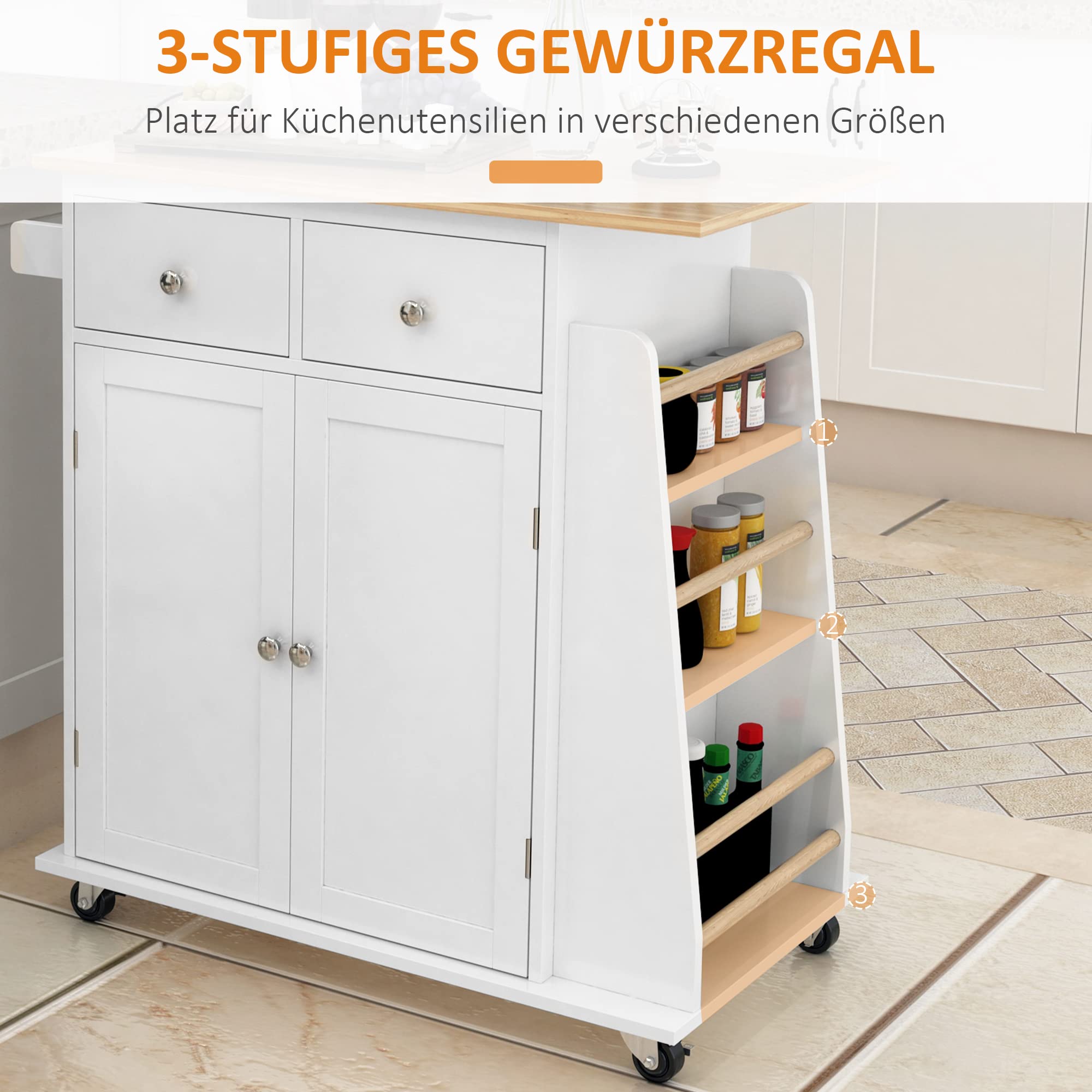 HOMCOM Carro de Cocina Auxiliar con Ruedas, 2 Cajones y Barra para Colgar | Carrito de Servicio, 89x45x89,5 cm, Blanco