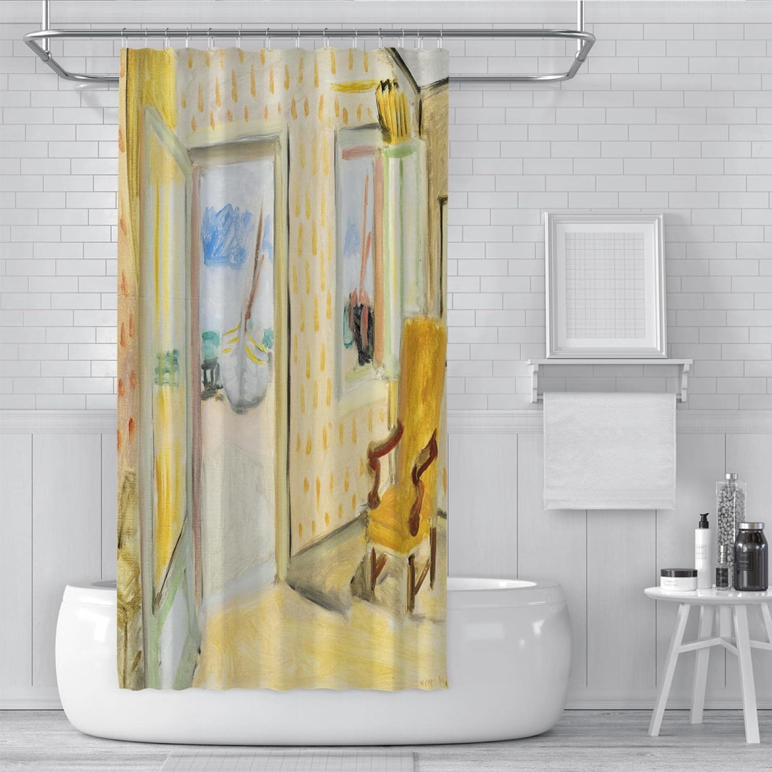 Yellow Open Door Room Shower Curtain Liner Henri Matisse Impressionism Bathtub Curtain for Bathroom White Shower Curtain with Hooks W78 x L84(in)