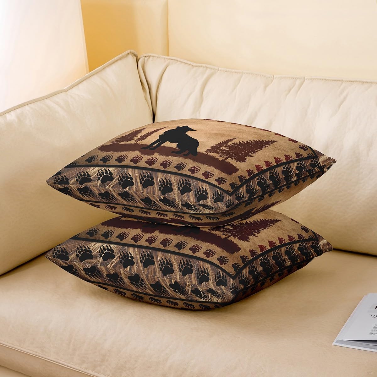 Cute Wolf Throw Pillow Covers 24"x24" Set of 2 Soft for Girls Boys Wolves Howling Throw Pillowcases Room Animal Wolves Tree Pattern Pillow Cases Cushion Covers Exotic Style Brown Black Cushion Cases