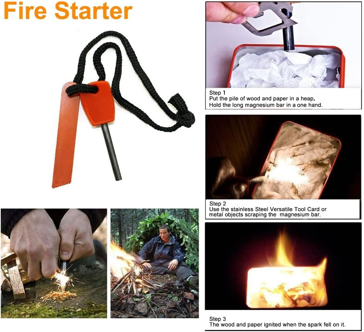 Camping Survival Kit with Fire Starter, Wire Saw, Compass, Emergency Whistle, Multifunction Pliers and Tool Card, 6 x 4 x 2 Inches, 0.58 Pounds