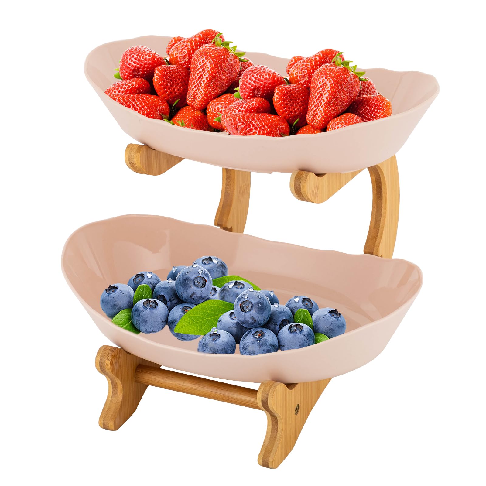 MEHOOSPVN Fruit Bowl, Wood Tiered Fruit Bowl, 2-Tier Large Capacity Fruit Baskets, Fruit Holder for Kitchen Countertop, Plastic Food Basket for Kitchen, Party, Restaurant, Vegetable, Snacks, Beige