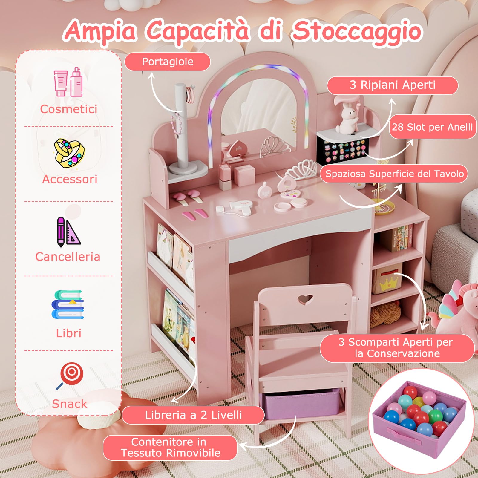 COSTWAY Toeletta Trucco per Bambina con Sgabello, Postazione Trucco con Luci, Scaffali a Vista, Prtagioielli, Libreria a 2 Ripiani e Contenitore in Tessuto, Ideale per Bambina 3+ Anni (Rosa)