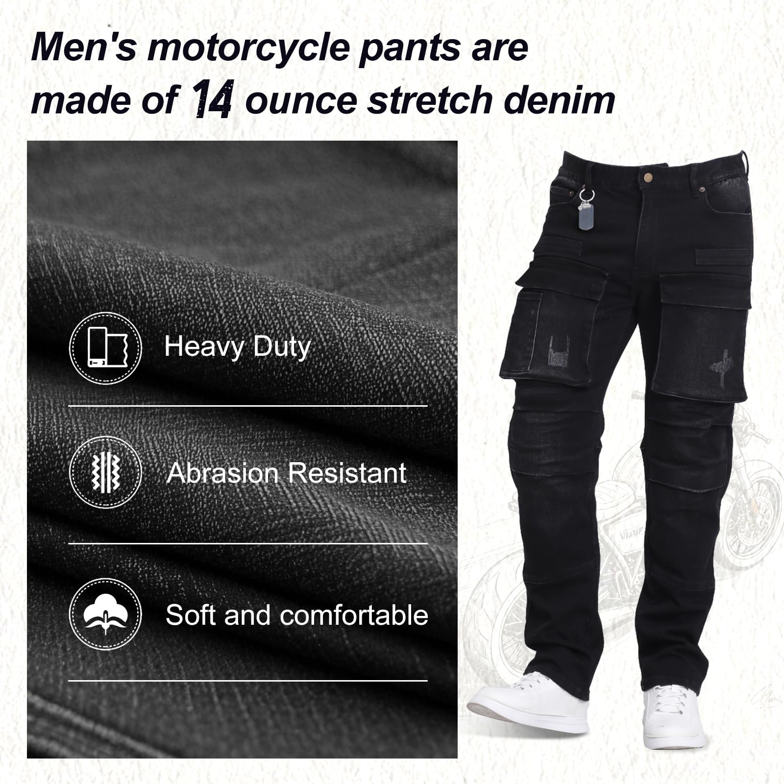 Motorcycle Pants Mens, Made of high-Strength wear-Resistant Fabric - Motorcycle Riding Pants are Also Work Pants with Armor (US, Waist, 34, Regular, Black)