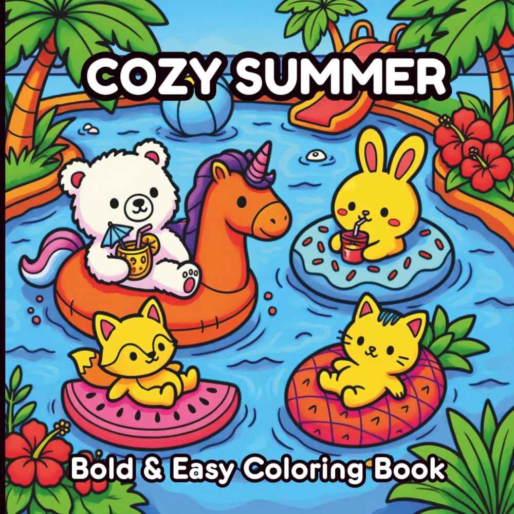 Cozy Summer Coloring Book: 40 Bold and Easy Cozy Coloring Pages with Cute Fuzzy Animals, Tropical Vacation Scenes, Pools, Beach Days, and Relaxing ... Hygge Vibes Cute & Cozy Fuzzy Summer Moments.