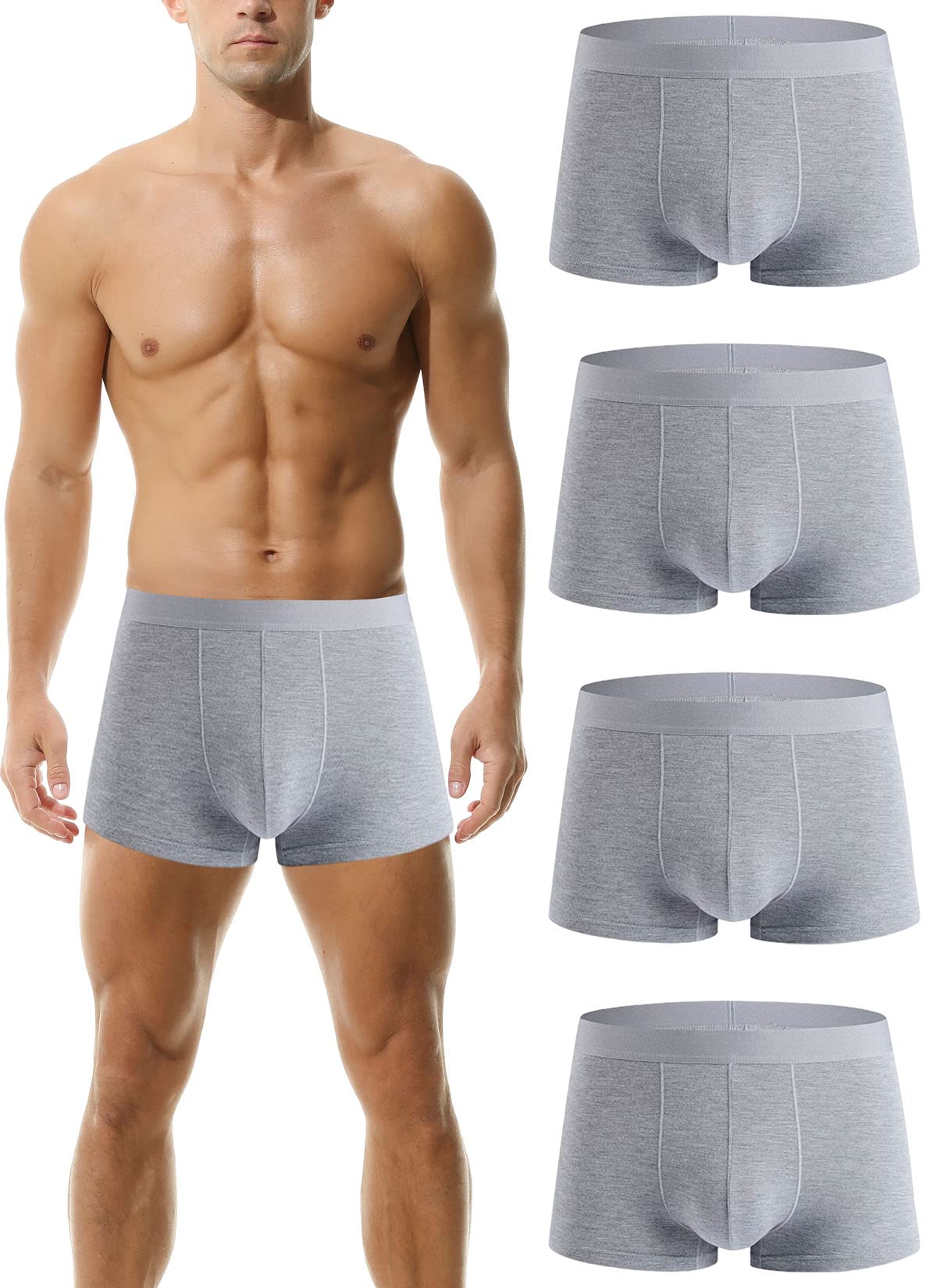 HOEREV Men's Bamboo Fibre Boxer Shorts Trunks Underwear, Pack of 4, 4 Grey, M