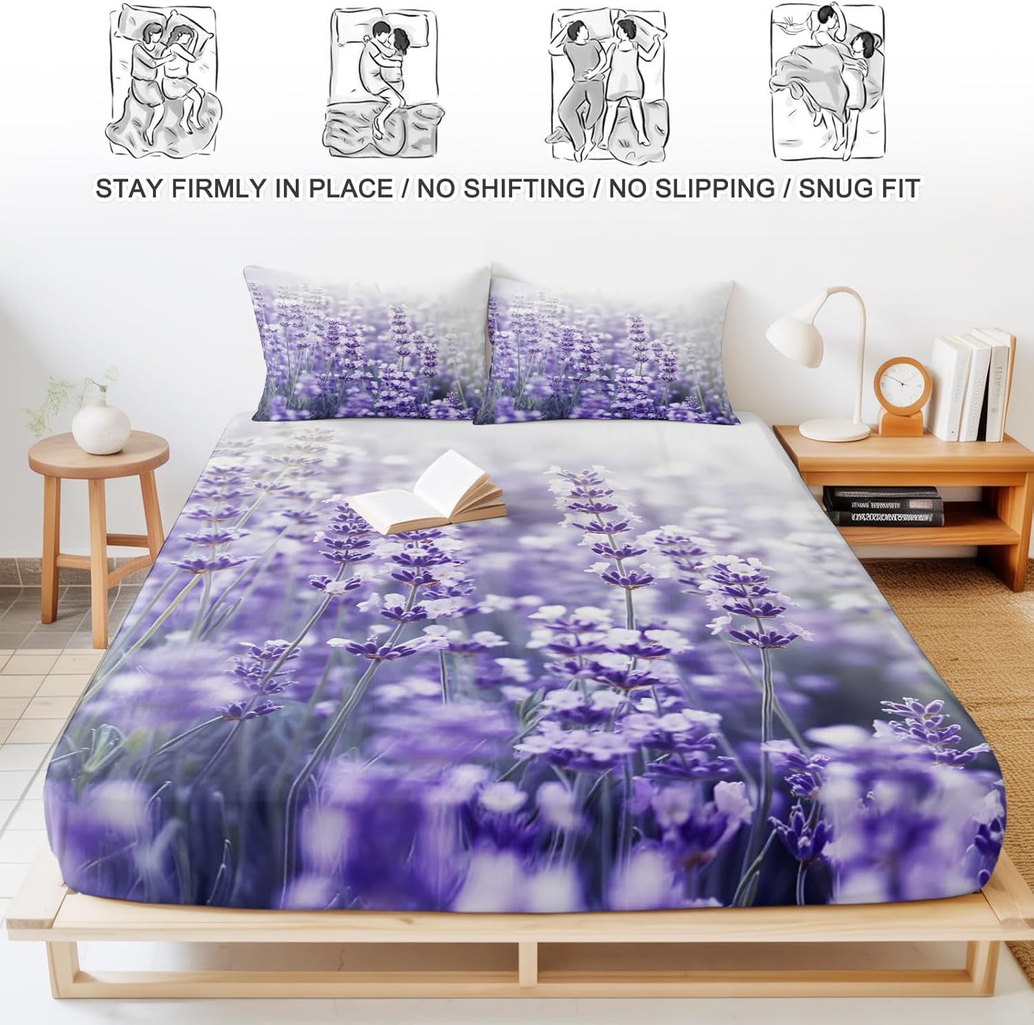 Bettlaken Lavendel Spannbettlaken 180x200cm Lila Blüten für Boxspringbett Weiche Mikrofaser Spannbetttuch 3D Spannbetttücher mit 2 Kissenbezug für Kinder Erwachsene XCW4627