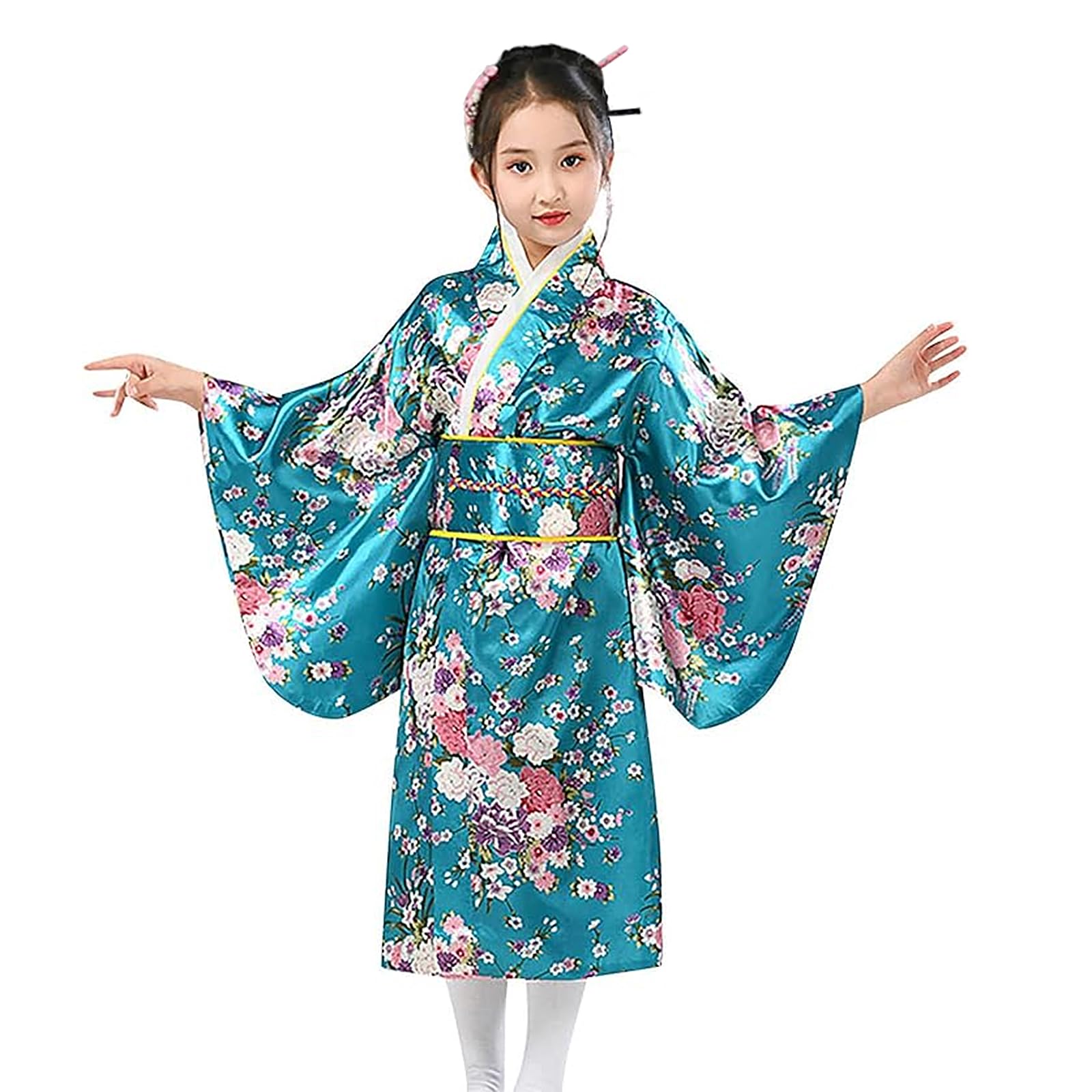 TINAYAUE Kimono Japonais Enfant, Robe de Bain avec Ceinture obi complète pour Photos, Cosplay, Performance Scolaire et Photos, Couleur variés, Taille 100/100/140cm, modèle à Fleurs de Cerisier