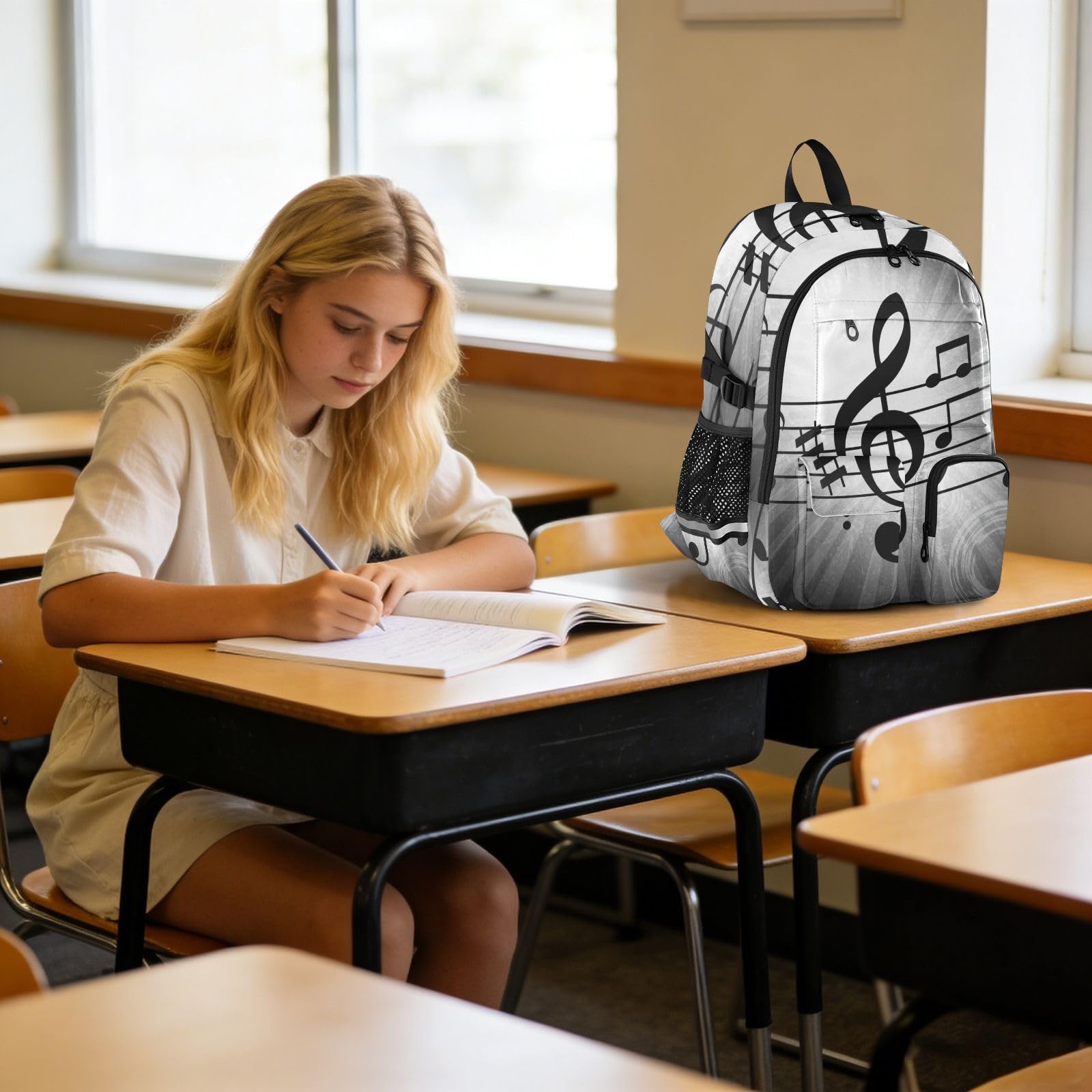 Mnsruu Musiknoten-Schulrucksack mit Laptopfach, große Schultasche für Teenager, Mädchen, Jungen, 17,5 cm Reiserucksack, Rucksack für Schule, Freizeit, Tagesrucksäcke, College, Arbeit