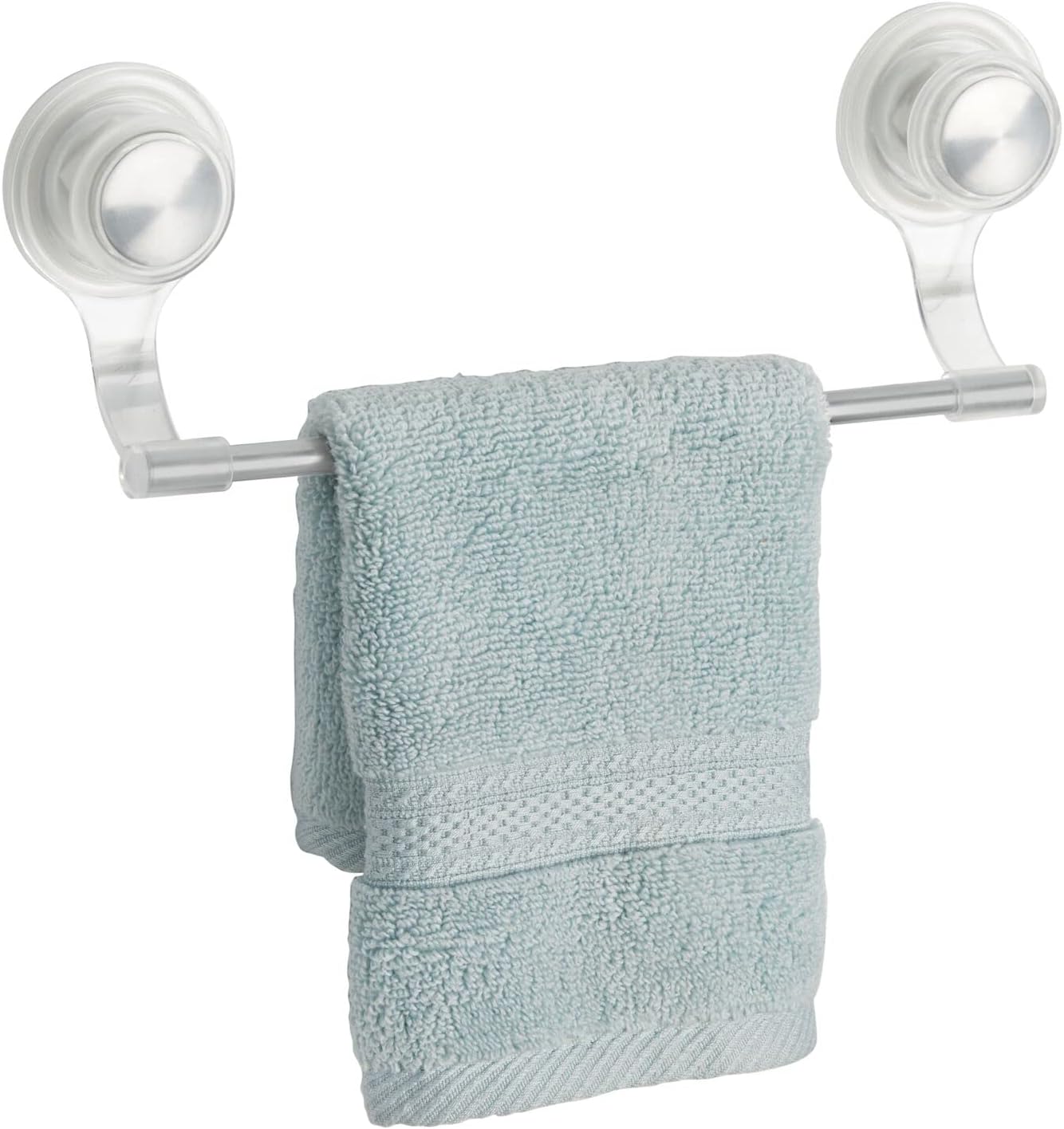 mDesign Strong Suction Wall Mount Plastic/Metal Wash Cloth Hand Towel Bar for Bathroom, Shower Stall, Bathtub - 2 Pack, Clear/Stainless Steel