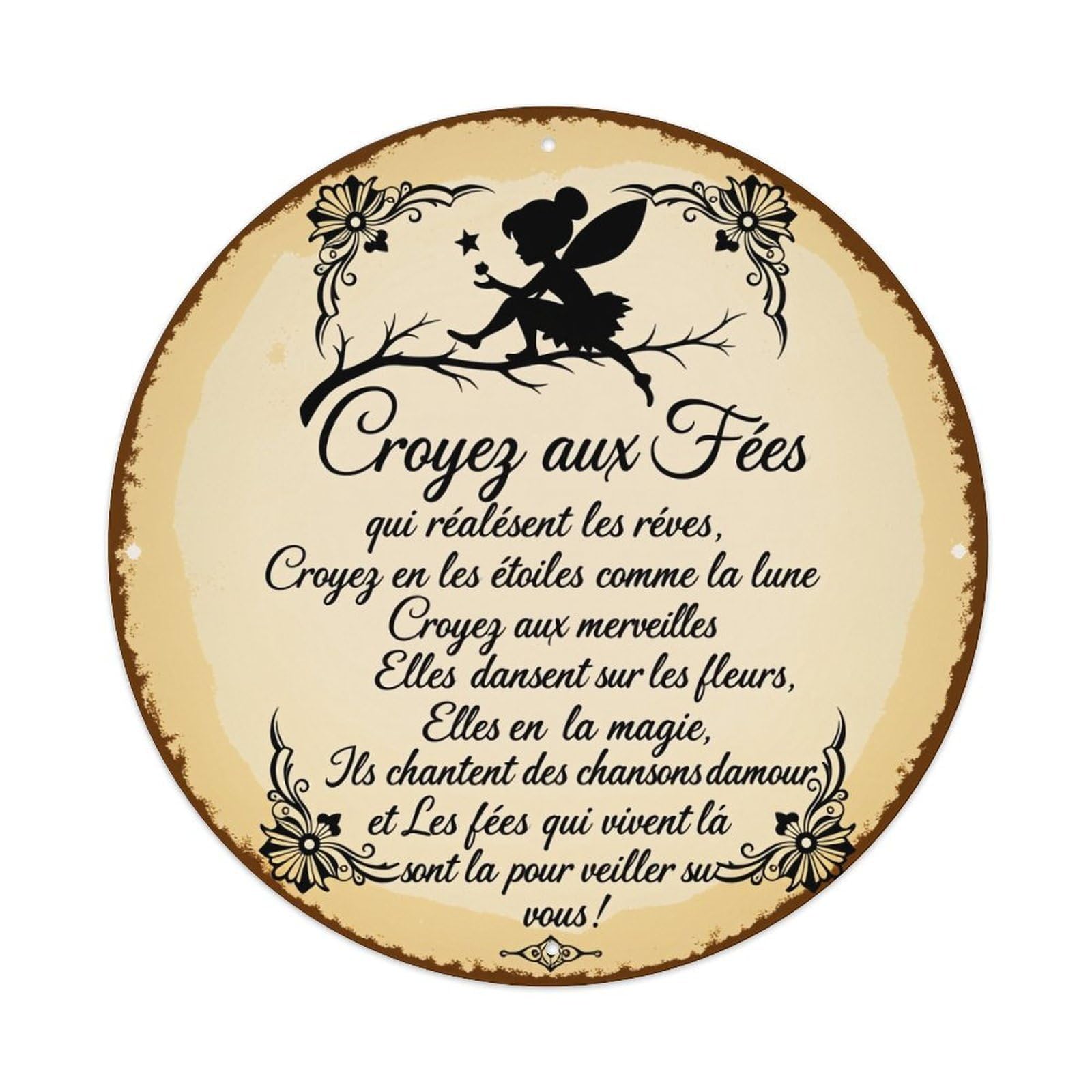 Fairy Silhouette Floral Branch Text Round Tin Sign Vintage Style Metal Sign Home Bar Garden Wall Plaque Decor Metal Poster 8x8 Inch