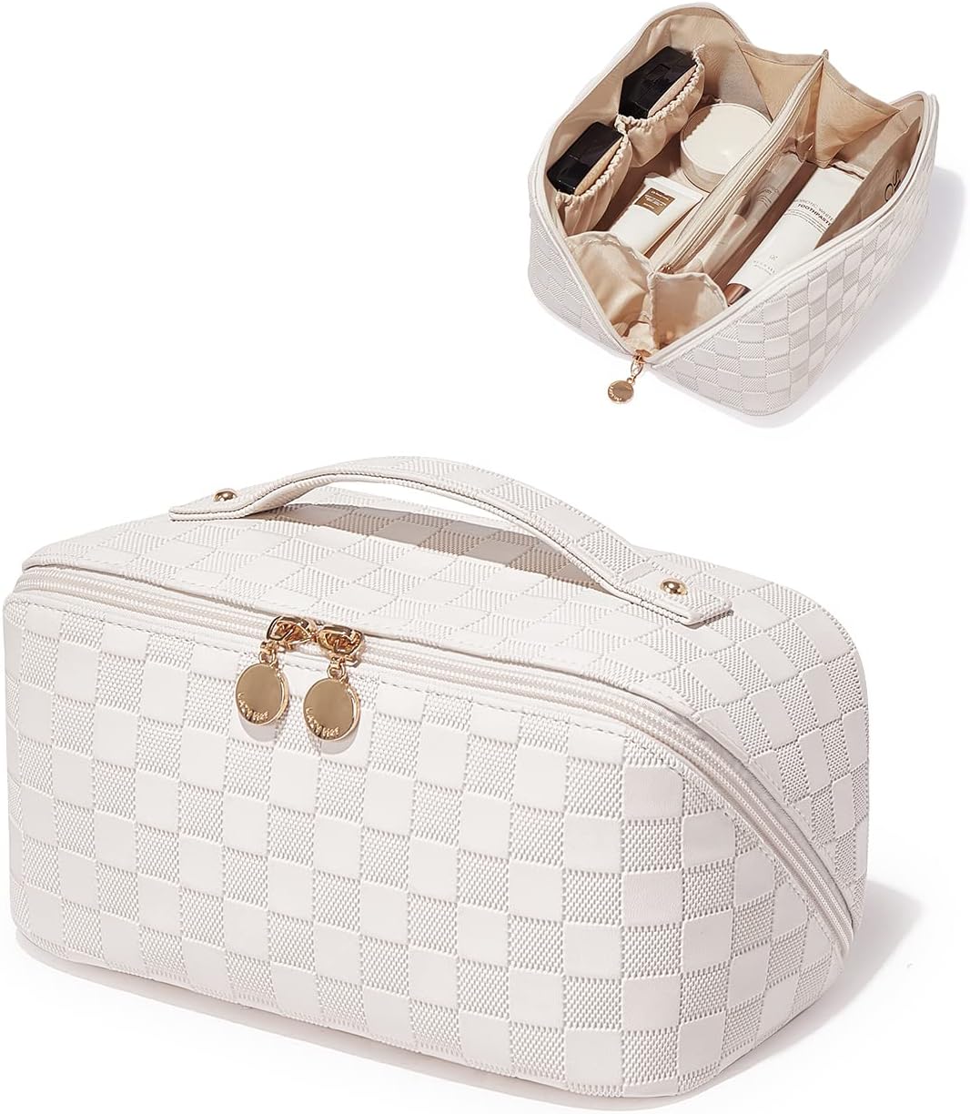 EACHY Travel Makeup Bag, Large Capacity Cosmetic Bags for Women, Waterproof Portable Open Flat