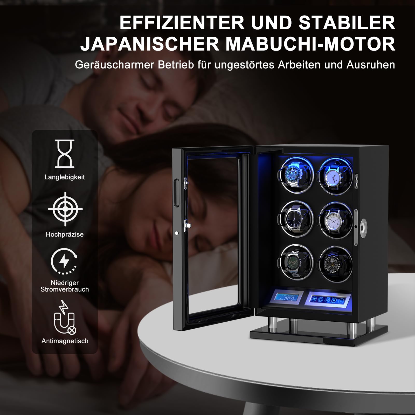 XTELARY Caricaorologi, blocco delle impronte digitali, caricaorologi automatico per 3/4/6/8/9/12 con schermo LCD, telecomando, LED blu, motore silenzioso e cuscino regolabile per uomini e donne