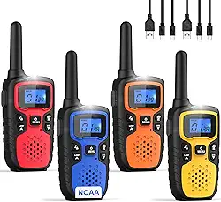 Wishouse Walkie Talkies para adultos de longo alcance, recarregável, pacote com 4, rádios bidirecionais, acessórios de caminhada, equipamento de acampamento, presente de aniversário para crianças