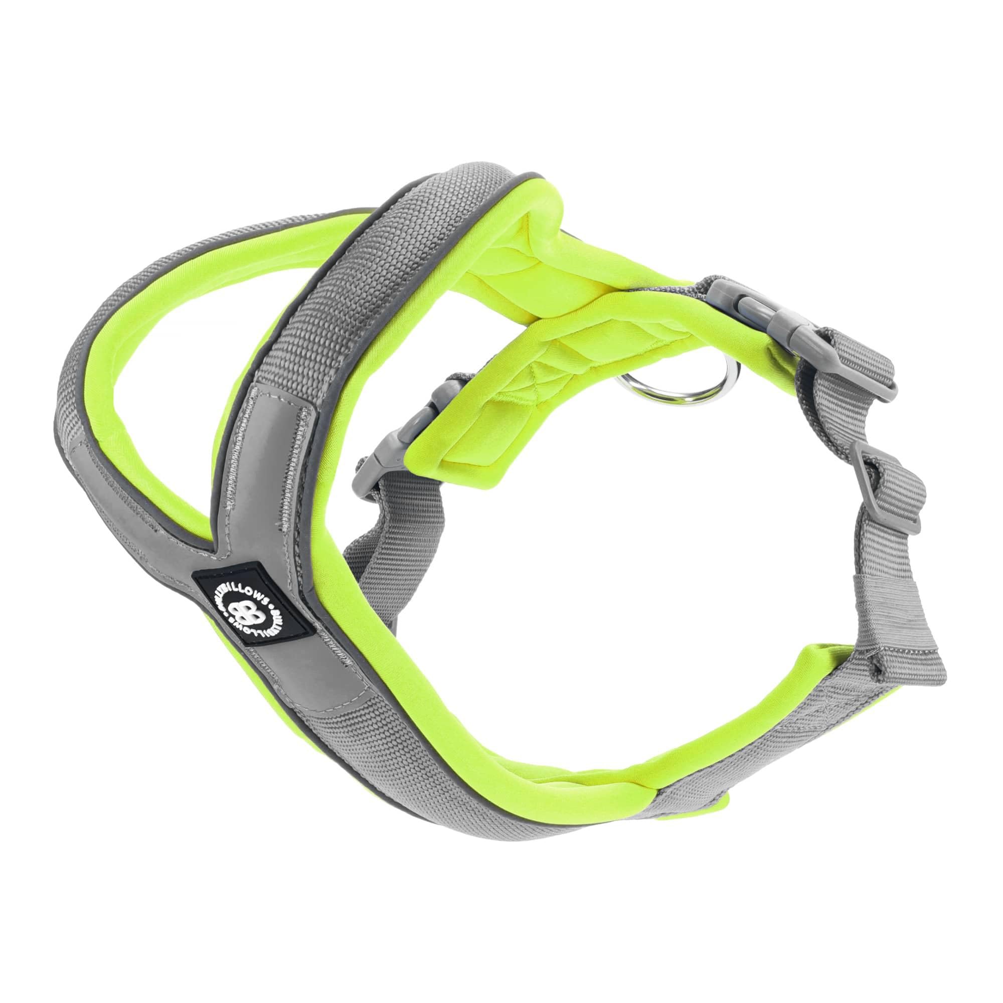 BullyBillows Slip-On Dog Harness - Foam Padded, Neoprene-Lined, Adjustable, Non-Restrictive Y-Shape with Reflective Strips & Stainless Steel D-Loop | Metal Grey - Neon | X Small