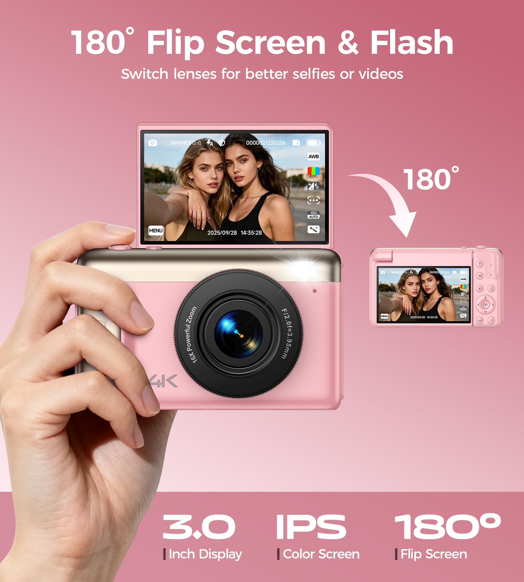 Appareil Photo Numérique 4K Digital: 64MP Appareil Photo Compact pour Vidéo avec Écran 3" Abattable 180° Digital Camera Zoom 16X pour Enfants Débutants Adultes Étudiants Rose(Carte SD Non Fournie)