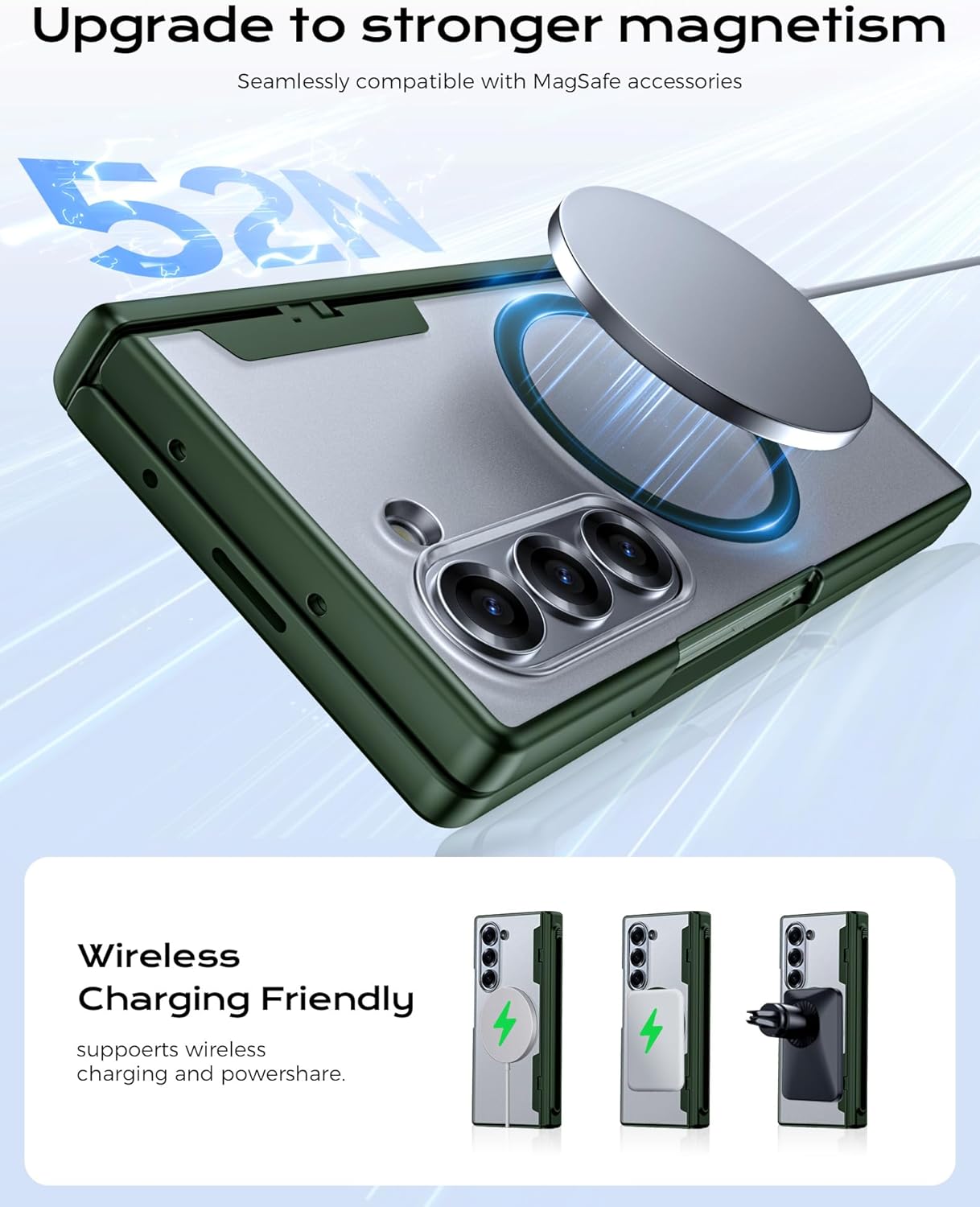 for Samsung Galaxy Z Fold 5 Case with MagSafe, [Screen Protection] [Hinge Protection] Translucent Strong Magnetic Shockproof Case for Galaxy Z Fold 5 with S Pen Holder (Privacy-Green)