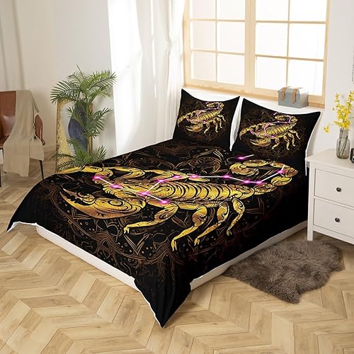Miniatura 3 de Juego de funda de edredón de escorpión dorado, tamaño queen, exótico, tribal, retro, juego de ropa de cama de lujo para adultos, mujeres y hombres,