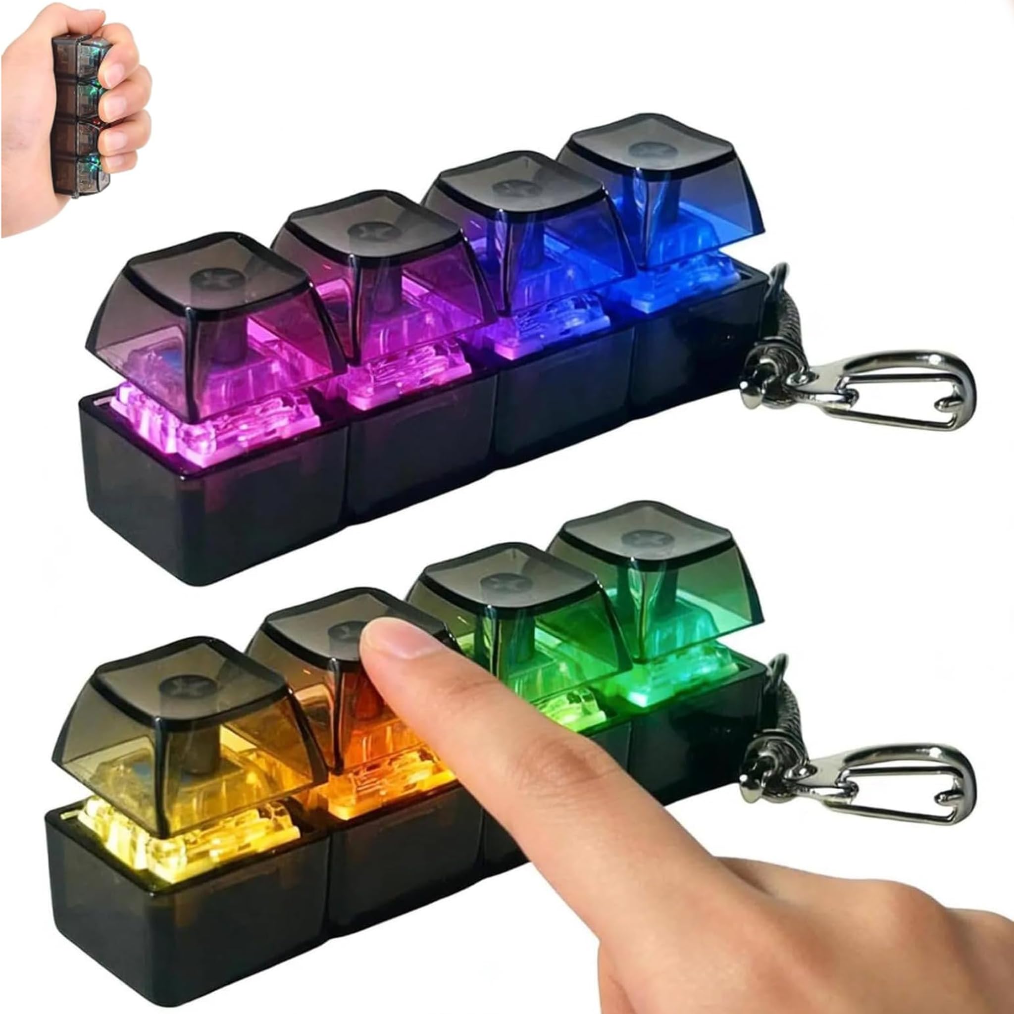 2Pcs Keyboard Fidget Toy Light Up, 4 Button Clicky Keychain Stress Relief Toy, Portable Glowing Fidgets Keyring for Adults Kids, Cool Sensory Calming Toys for Office School Travel (Black)