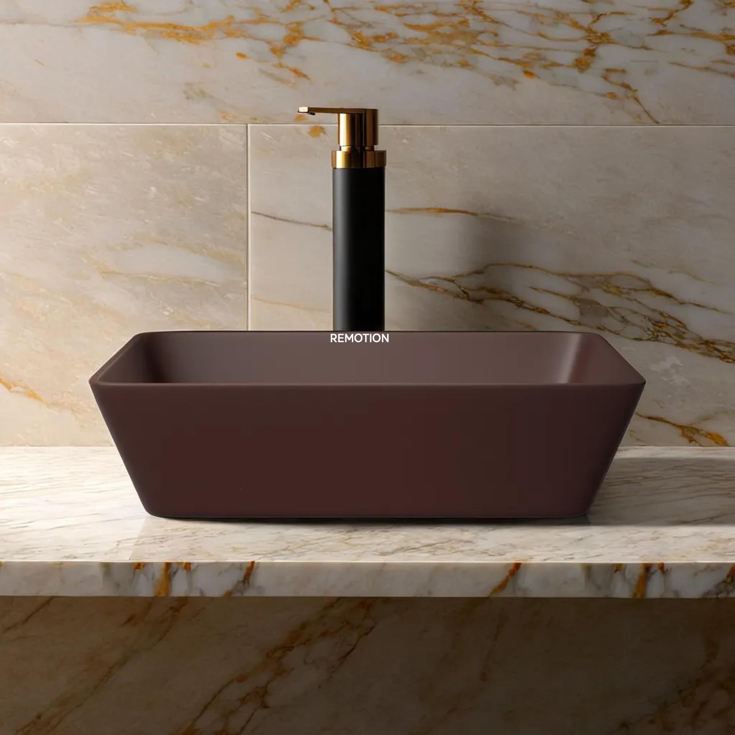 REMOTION Quartz Wash Basin Countertop | Tabletop Quartz Sink | Wash Basin Over Counter | Vessel Sink | Wash Basin for Bathroom (18 x 13 x 5.5 Inch) (Brown)