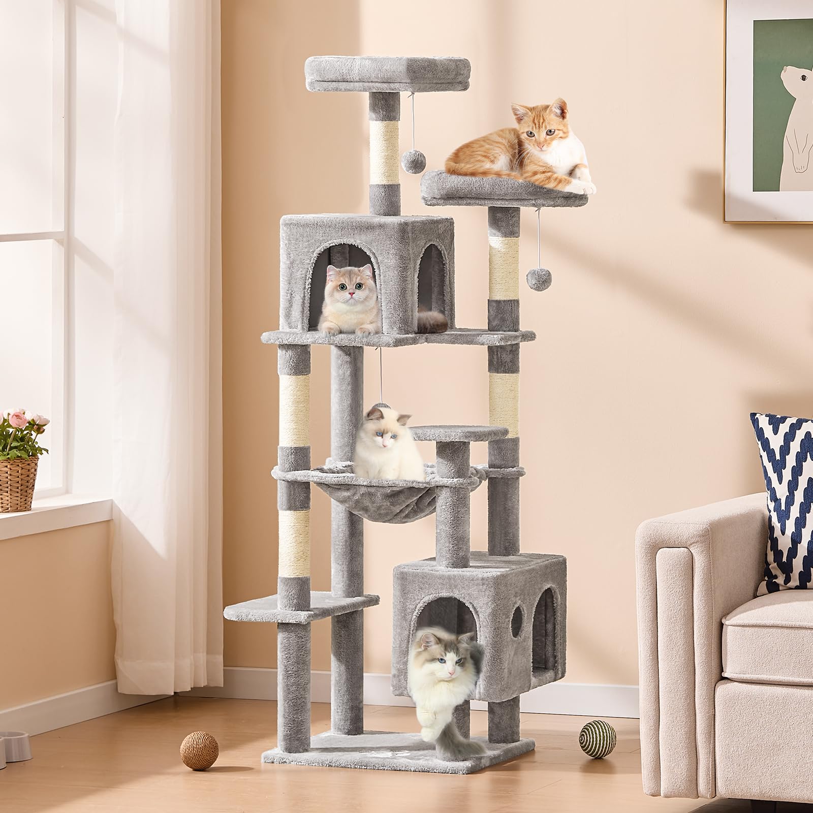 MSmask Grand arbre à chat stable en L avec 2 plateformes, 2 niches pour chats, hamac, colonnes en sisal, arbre d'escalade à plusieurs étages pour chats (gris clair, 160 cm)