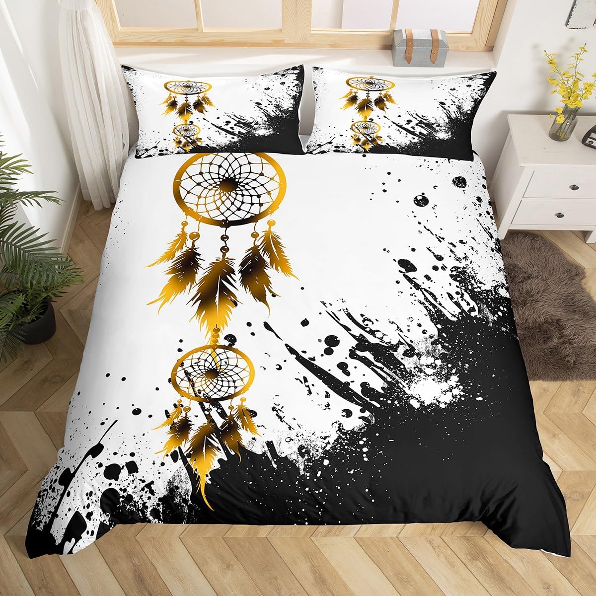 Homewish Boho Dream Catcher Double Duvet Cover for Kids Teens Adults, Gold Feathers Print Bedding Set 3 Pieces, Bohemian Quilt Cover, Abstract Black Spray Painting Bed Set, Black Reversible โ image 1